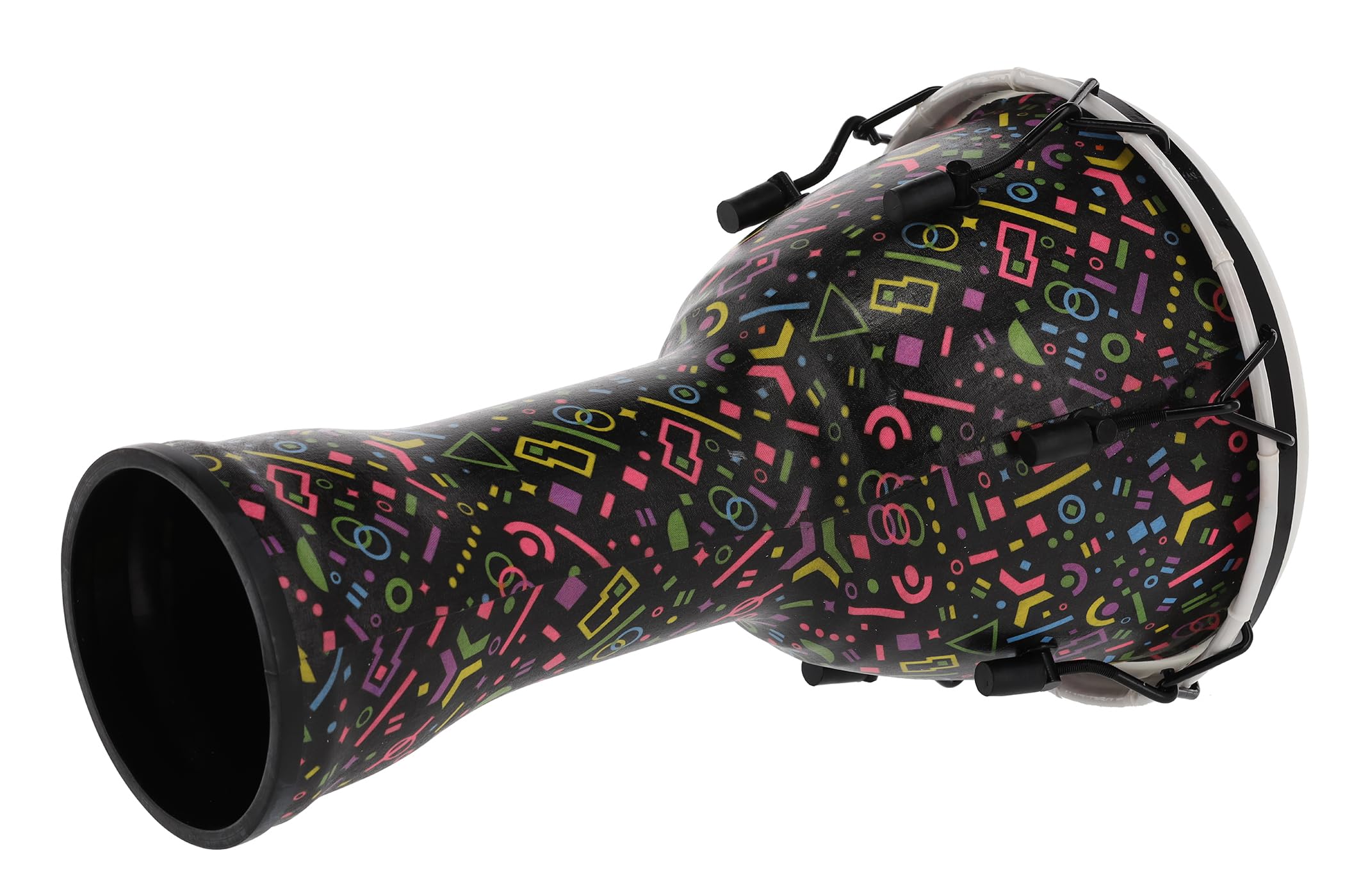 GEWA Liberty Djembé - afinación: Mecánico (con tensores) - Diámetro: 10" (25,4 cm) - Altura: 19,5" (49 cm) - Número de ganchos de afinación: 6 - Patrón: Crazy Neon