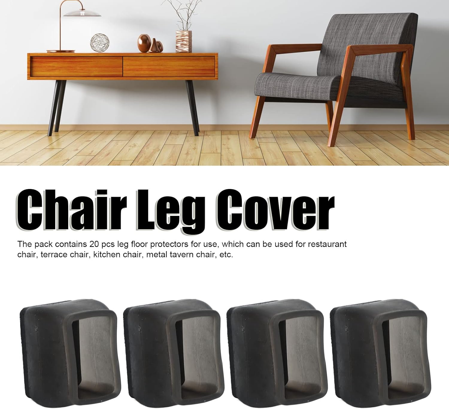 Chair Leg Floor Protector, Felt Mat Transparent Black Chair Leg Cover Silicone 20 Pcs for Furniture (L)