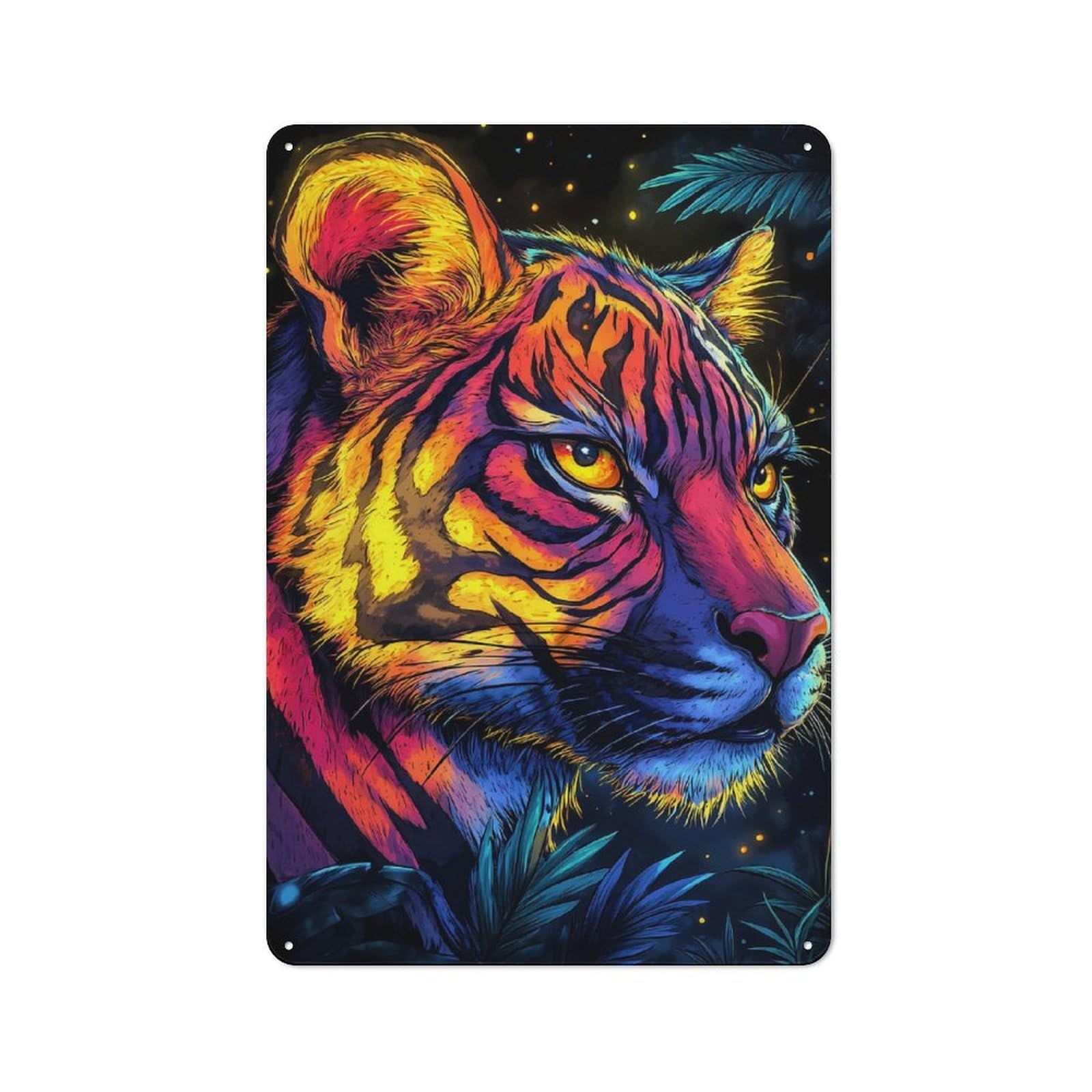 Junmoney Colorful Tiger Portrait In Jungle Setting 30X20cm Rustic Tin Sign With For Garage Or Workshop, For Vintage Wall Decor Fans, For Kitchen And Home Bar Decor
