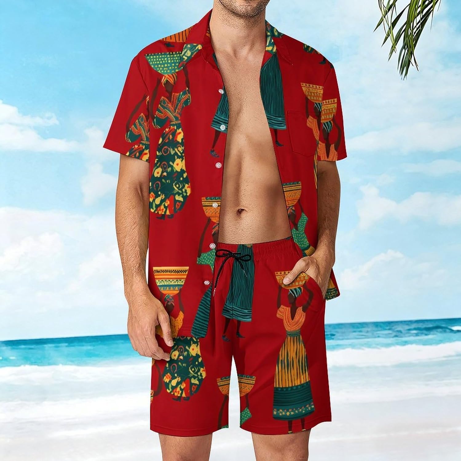 African Tradition Women Dance Men's Summer Beach 2 Piece Outfits | hawaiian button down shirt and shorts,vacation cruise,mens bathing suit