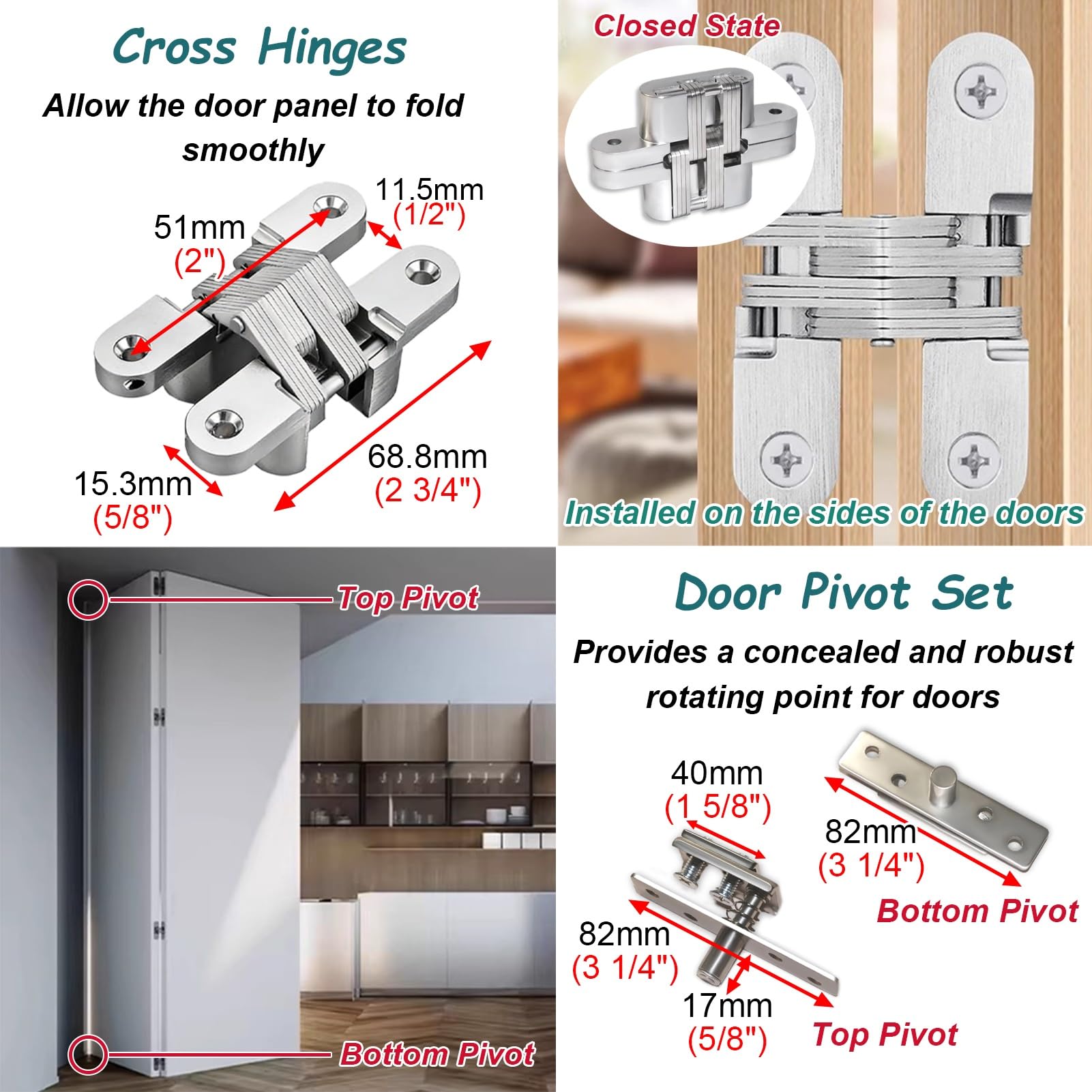 Vibeo Kit Puerta Corredera Oculta Kit de Herrajes para Puertas Plegables de Dos Hojas, Guía Superior para Puertas Correderas de Armario, Rieles de Aluminio para Armarios Plegables(75cm/30in)