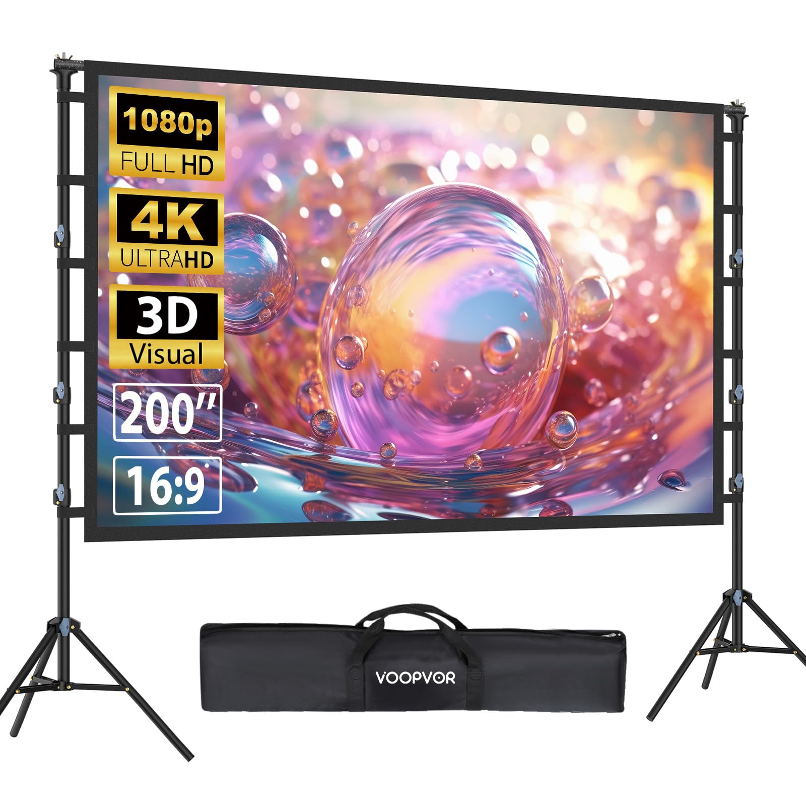 200 Inch Projector Screen with Stand: VOOPVOR 16ft Portable Large Projection Screen and Stand Outdoor - Front/Rear Movie Screen Indoor 16:9 4K HD - Wrinkle-Free & Carry Bag for Backyard Cinema