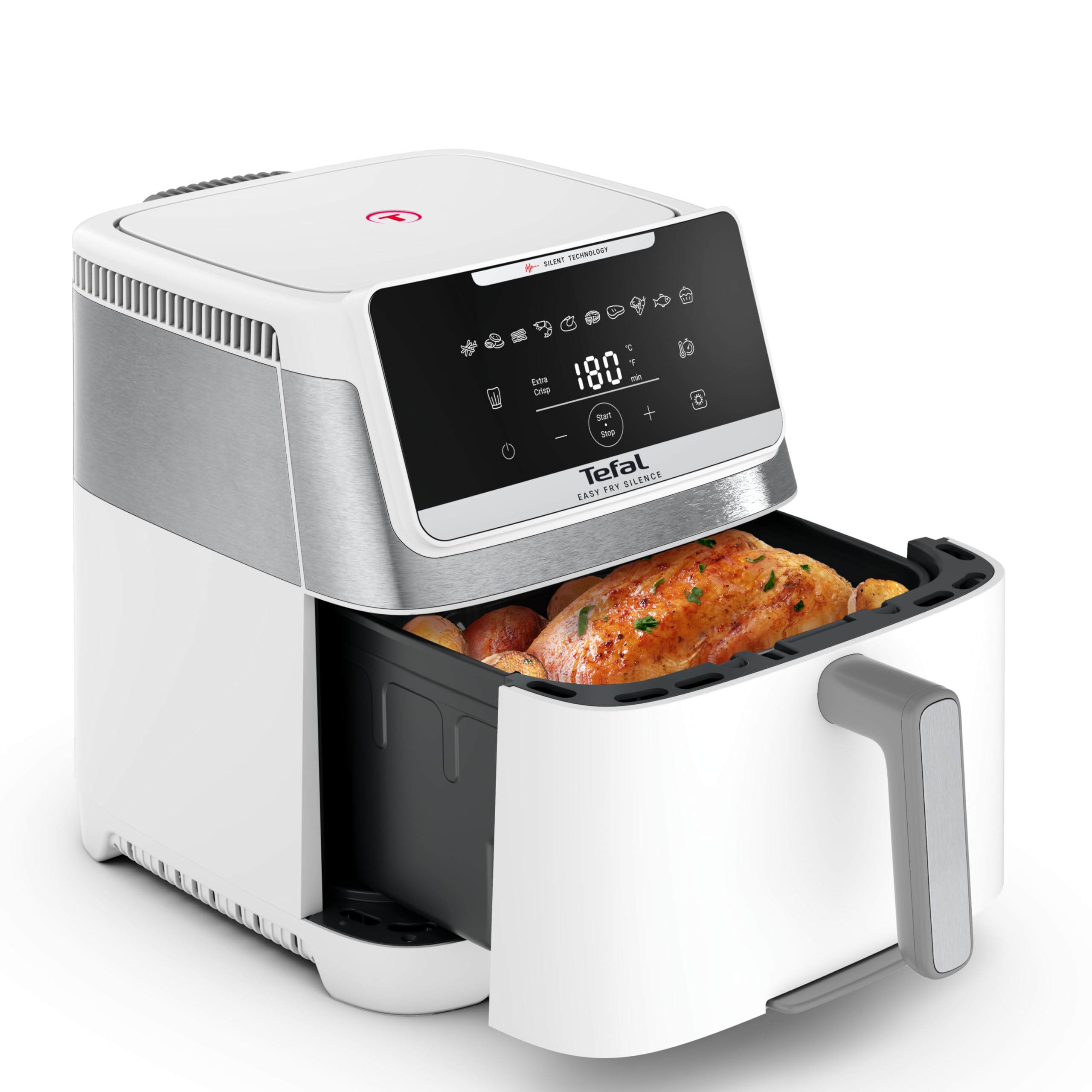 Tefal Easy Fry Silence Heißluftfritteuse, 7 L Fassungsvermögen, Silent-Technologie, 10 voreingestellte Programme, bis zu 8 Portionen, abnehmbares Frontelement, Weiß, EY8421E0