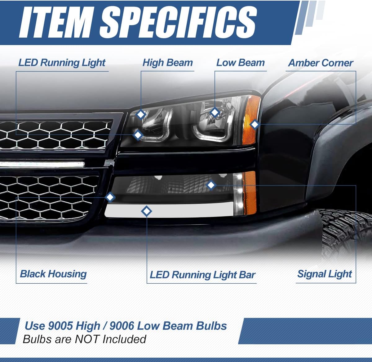 Auto Dynasty LED DRL Headlights Assembly Compatible with 2003-2007 Chevy Avalanche Silverado 1500-3500, Pair of LED J-Halos Headlamps w/Signal Lamps, Black Housing Amber Corner