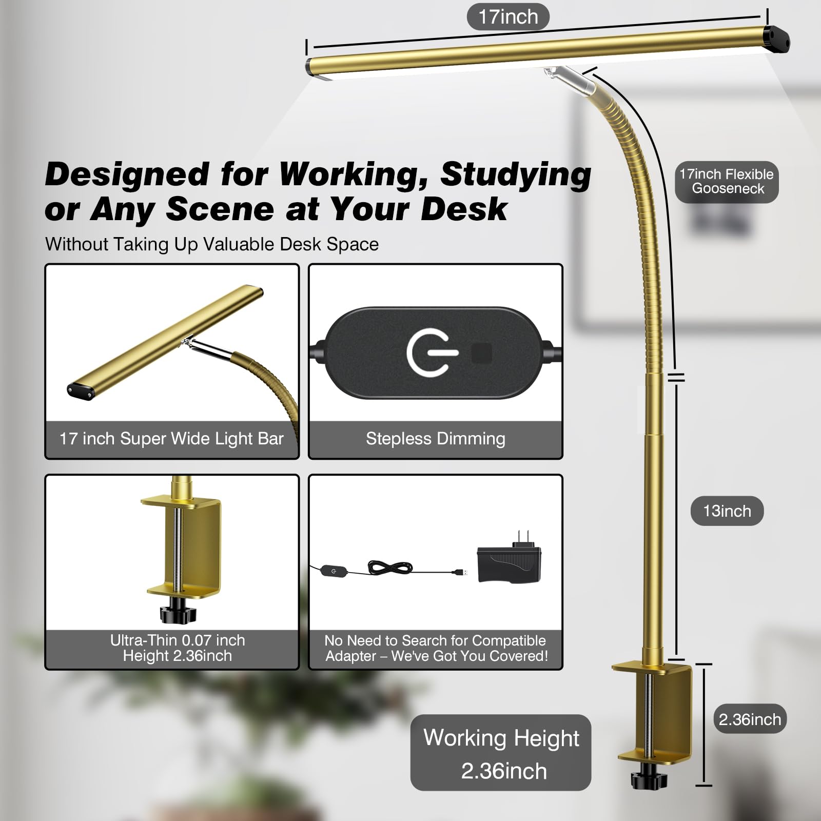 Airlonv LED Desk Lamp with Clamp, 17" Stepless Dimming Light, Gold view 3