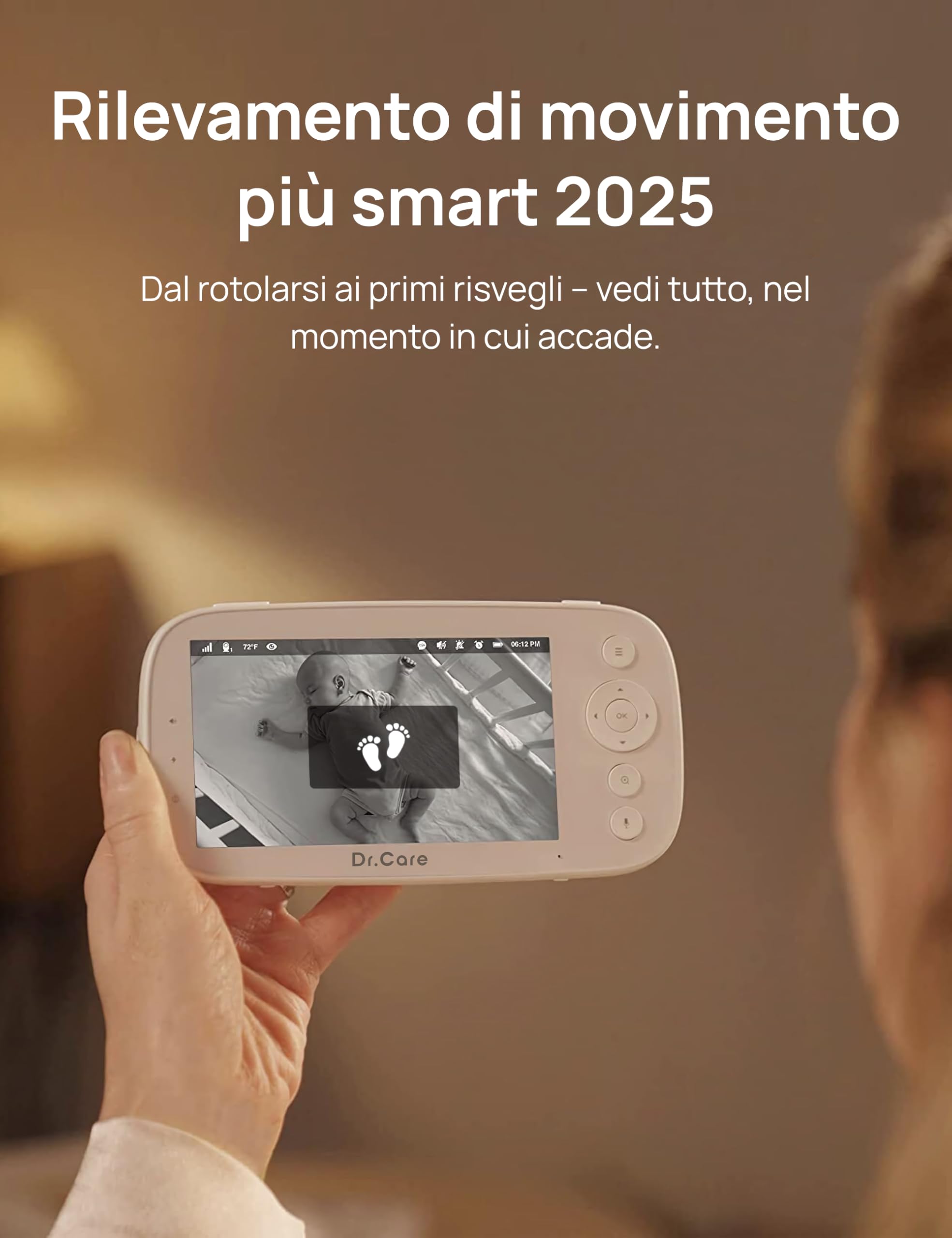Dr.Care Baby Monitor Video e Audio – Senza WiFi a bassa radiazione, rilevamento movimenti, schermo HD 1080P da 5", visione notturna & pan-tilt, batteria lunga durata 5000mAh, VOX, audio bidirezionale