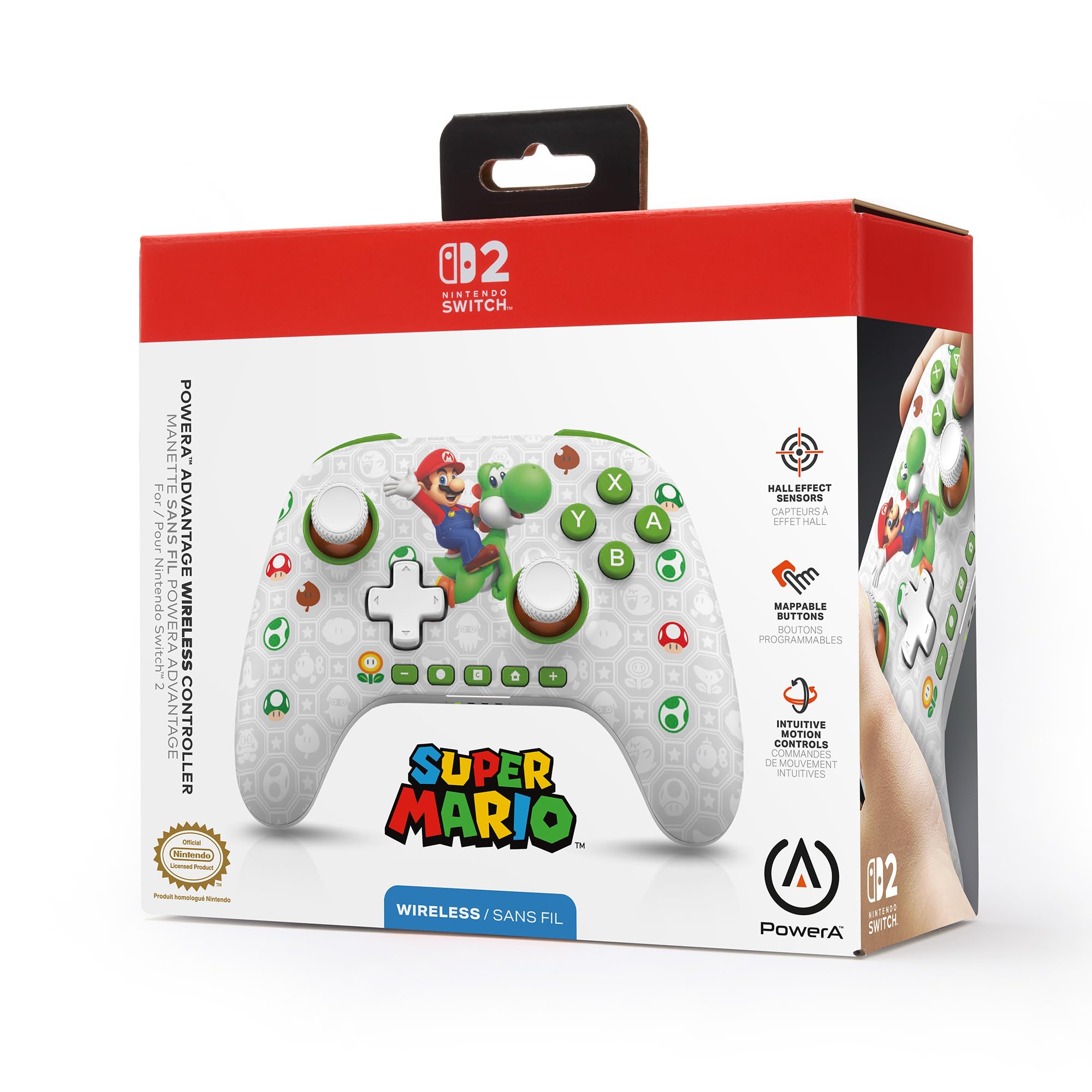 Bezprzewodowy kontroler PowerA Advantage do Nintendo Switch 2 - Mario i Yoshi, oficjalna licencja, efekty Halla, mapowalne przyciski, kontroler Pro, przycisk C, wbudowane sterowanie ruchem