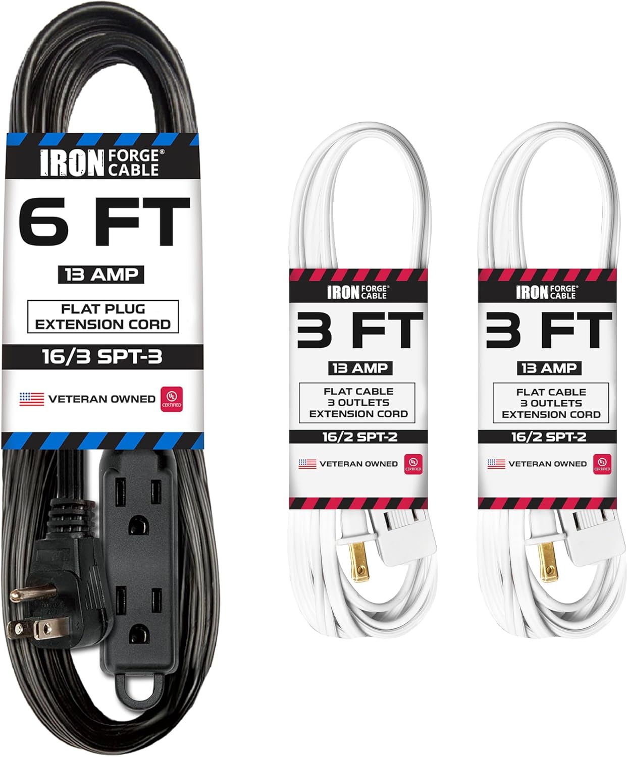 Iron Forge Cable 6 ft Flat Plug Black Extension Cord with 3 Outlets - 16/3 SJTW 3 Prong Indoor Multiple Outlets Power Cable & 2Pk 3ft White Extension Cord 3 Outlet 16/2 SJTW 13AMP Electrical Cable