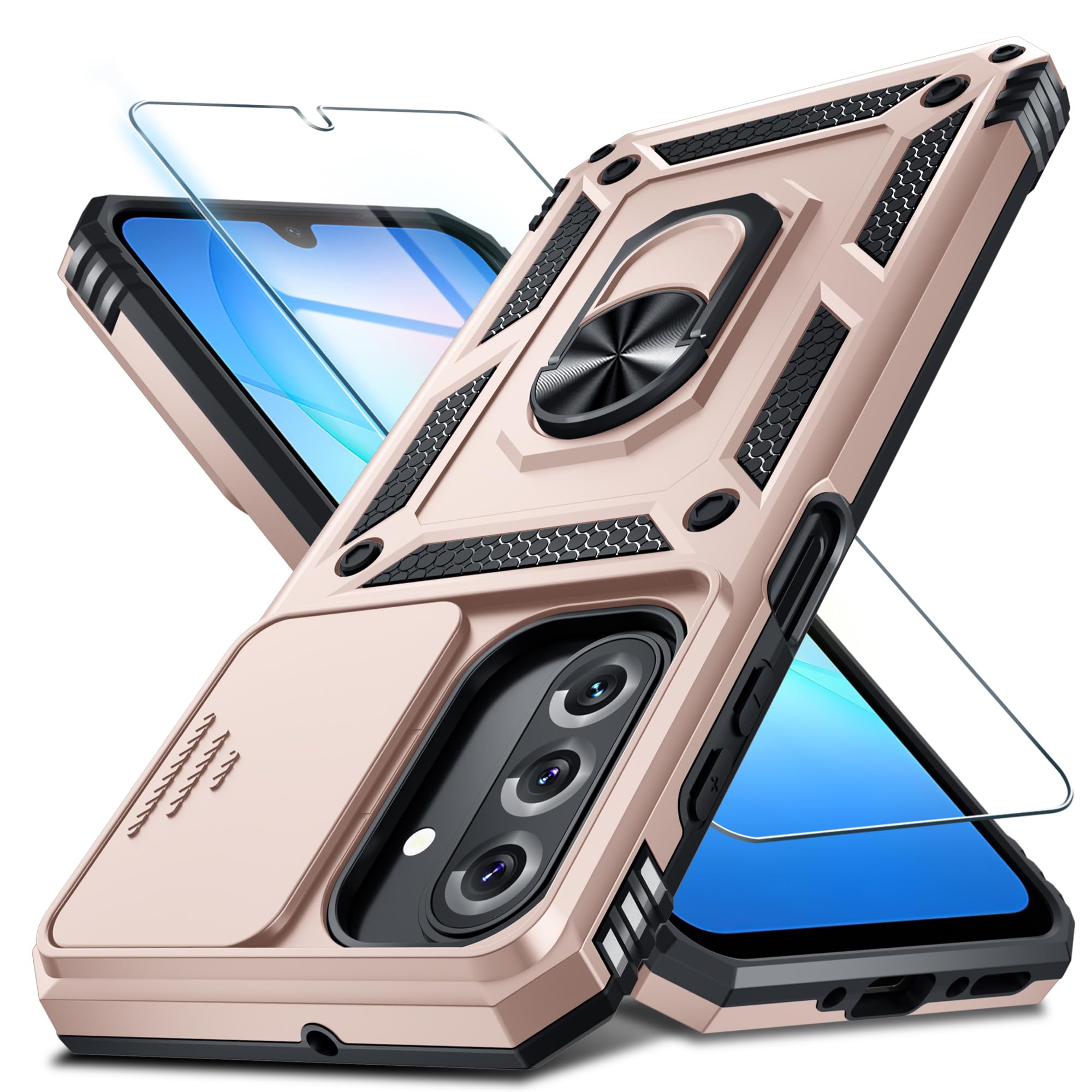 Photo 1 of Janmitta Compatible with Samsung Galaxy A17 5G Case Built in Slide Camera Lens Cover+Screen Protector+Finger Ring Holder Kickstand,Heavy Duty Shockproof Full Body Phone Cover,Rose Gold