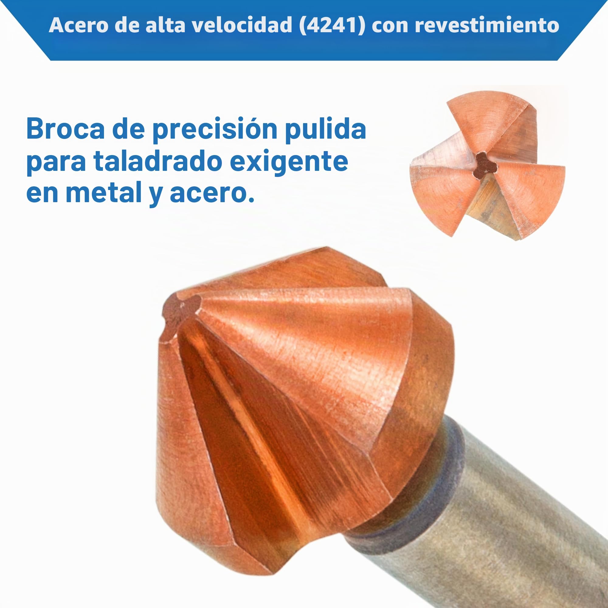TJR® Avellanador 90° juego de 6 piezas 6,3mm, 8,3mm, 10,4mm, 12,4mm, 16,5mm, 20,5mm HSS (4241) revestido, para biselar Juego de puntas para herramientas para acero, aluminio, latón, madera y plástico