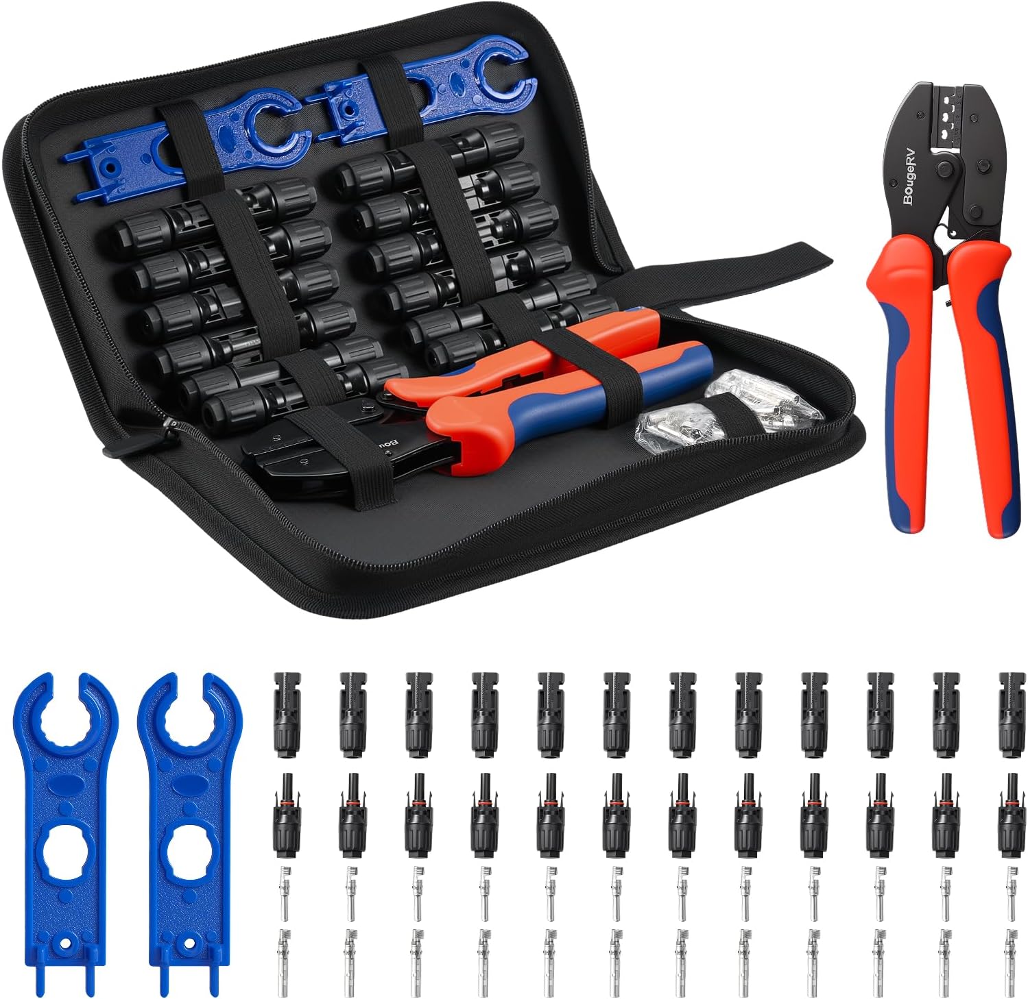 BougeRV Solar Crimper Tool Kit - Crimper, 12 Pairs Connectors, 2 Spanner Wrench for 14-10 AWG Solar Panel Cable Wire Crimping PV Assembly and Installation