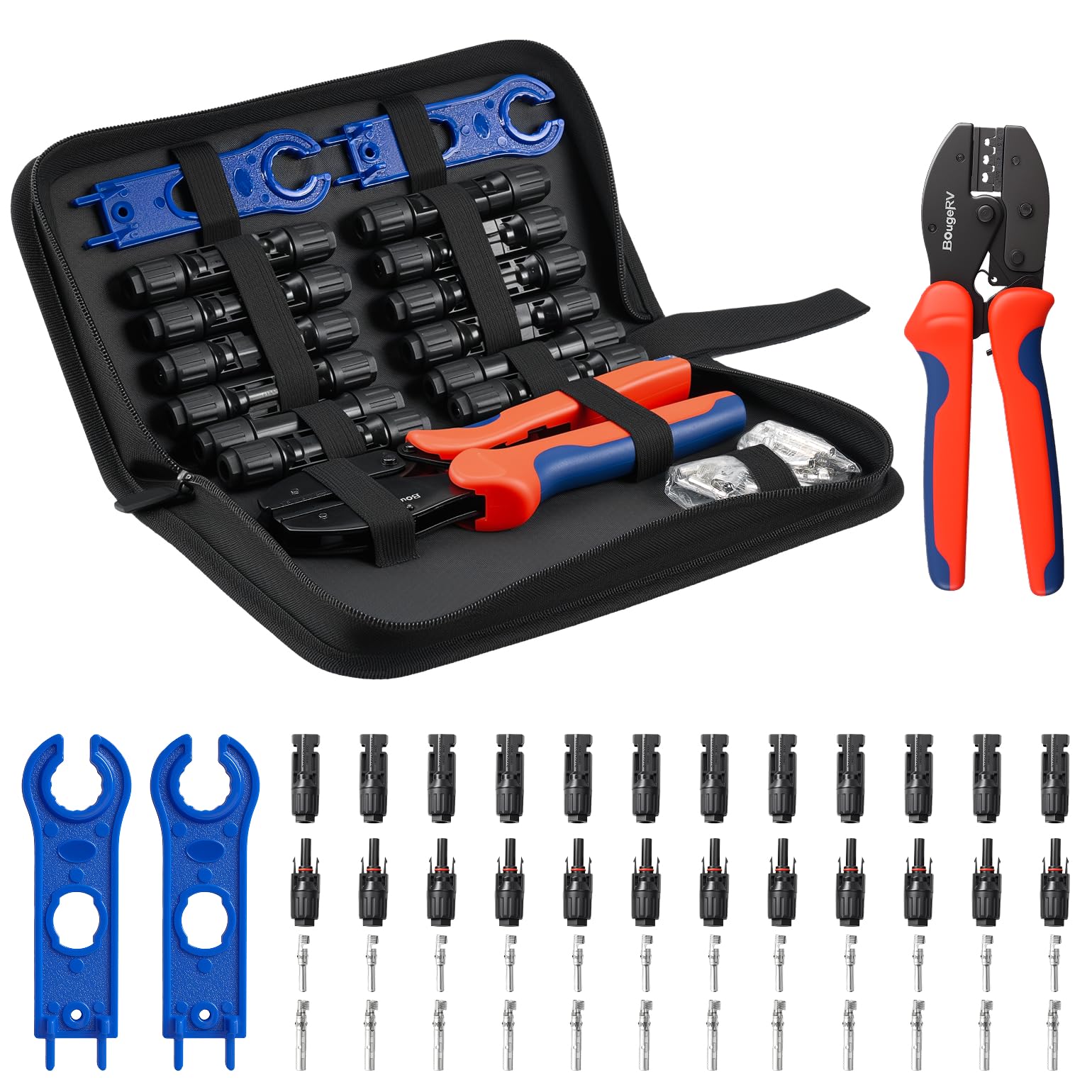 BougeRV Solar Crimper Tool Kit - Crimper, 12 Pairs Connectors, 2 Spanner Wrench for 14-10 AWG Solar Panel Cable Wire Crimping PV Assembly and Installation - solar and wind power | Mubboo