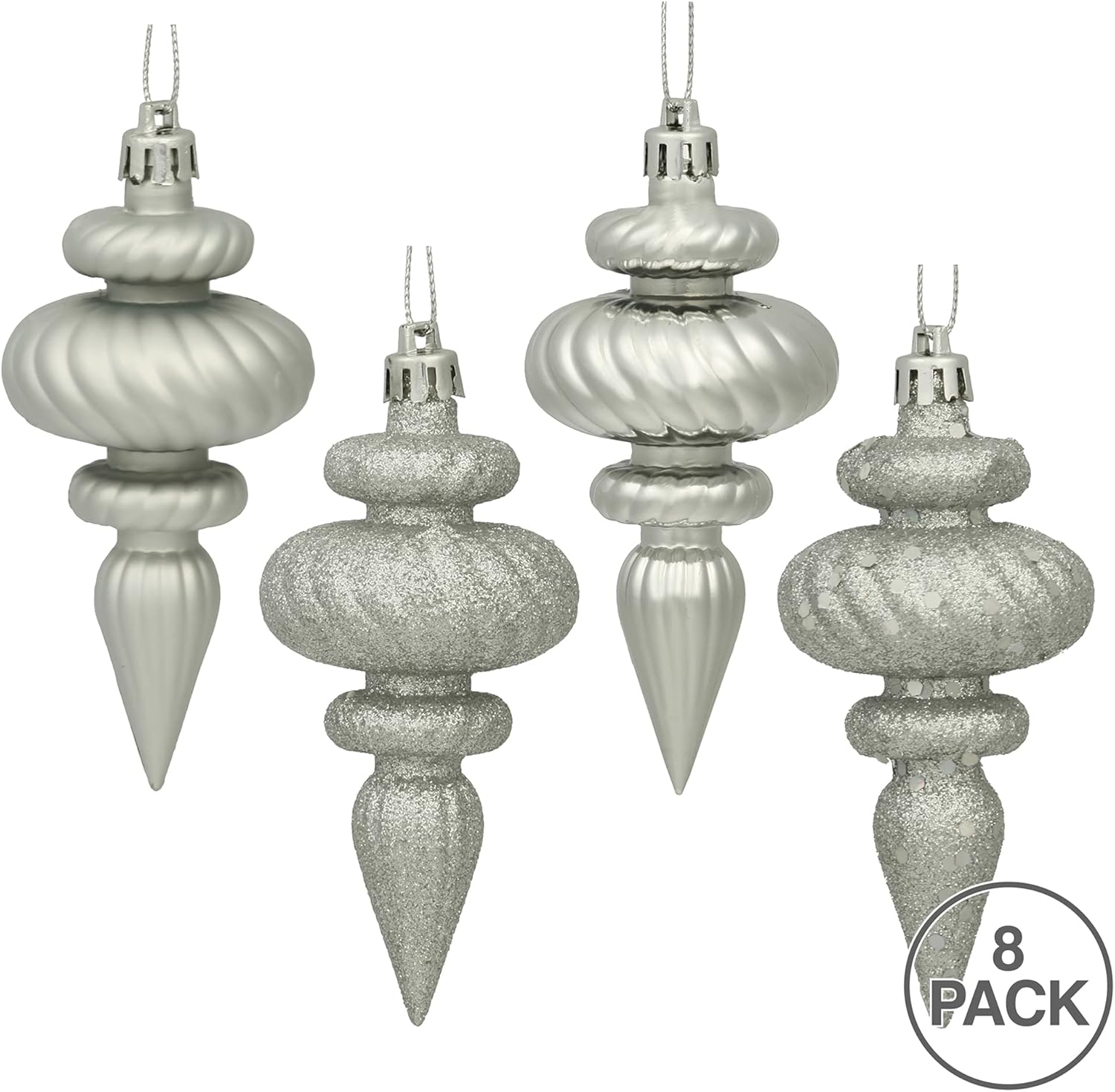 Vickerman 4" Silver 4-Finish Finial Ornament - Shatterproof Plastic Christmas Tree Decoration - 8 Pack, Silver Shiny, Matte, Glitter and Sequin Finishes - Reliable and Durable Silver 4 in