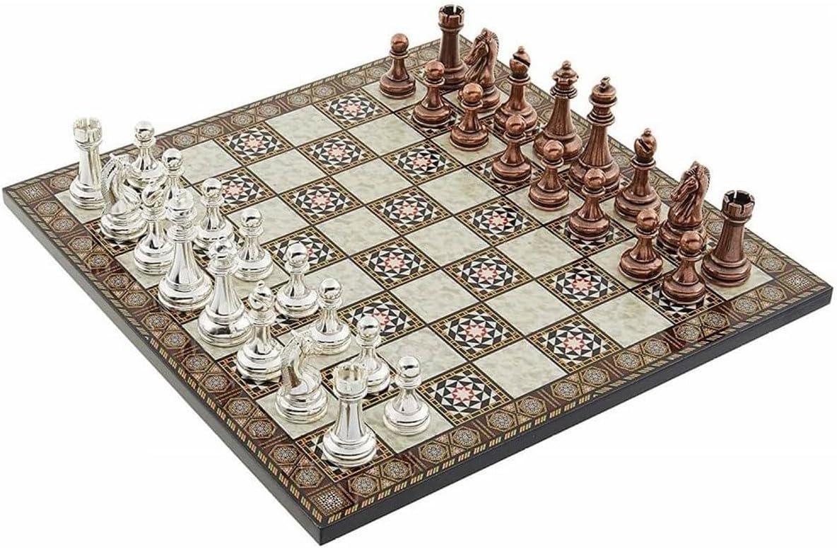 Classic Metal Chess Set for Adults Antique Copper Figures,Handmade Pieces and Different Design Wooden Chess Board King 2.75 inc (Mosaic)