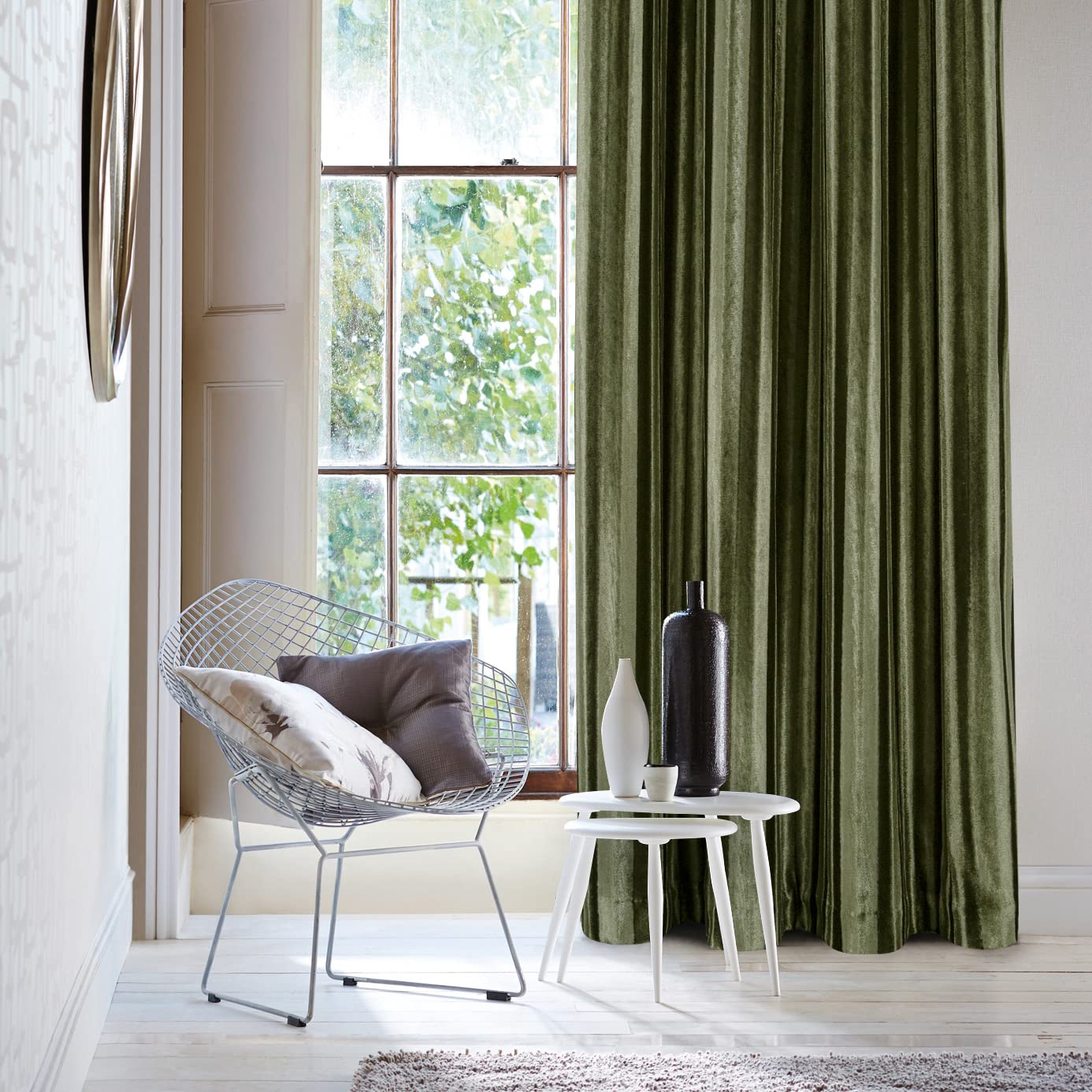 always4u Rideau 100% Occultant en Velours à Longues Rayures, Double Rideaux Isolation Thermique avec Oeillets, pour Salon Chambre Cuisine, Élégant,Vert Olive 140x245cm Lot de 2