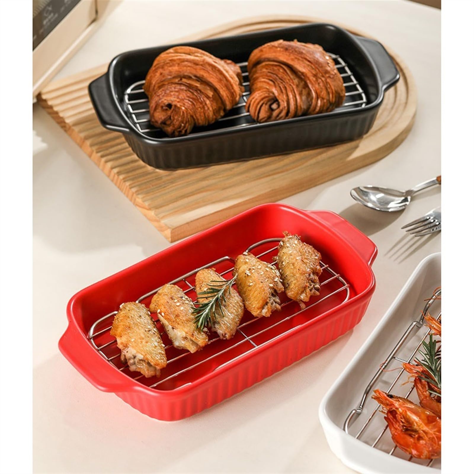 Auflaufform Keramik-Grillpfanne for den Haushalt mit Ölablaufnetz, Doppel-Ofen-Backform, hochwertige Reispfanne, kann als Dampfpfanne im Ofen verwendet werden Backform(Schwarz)