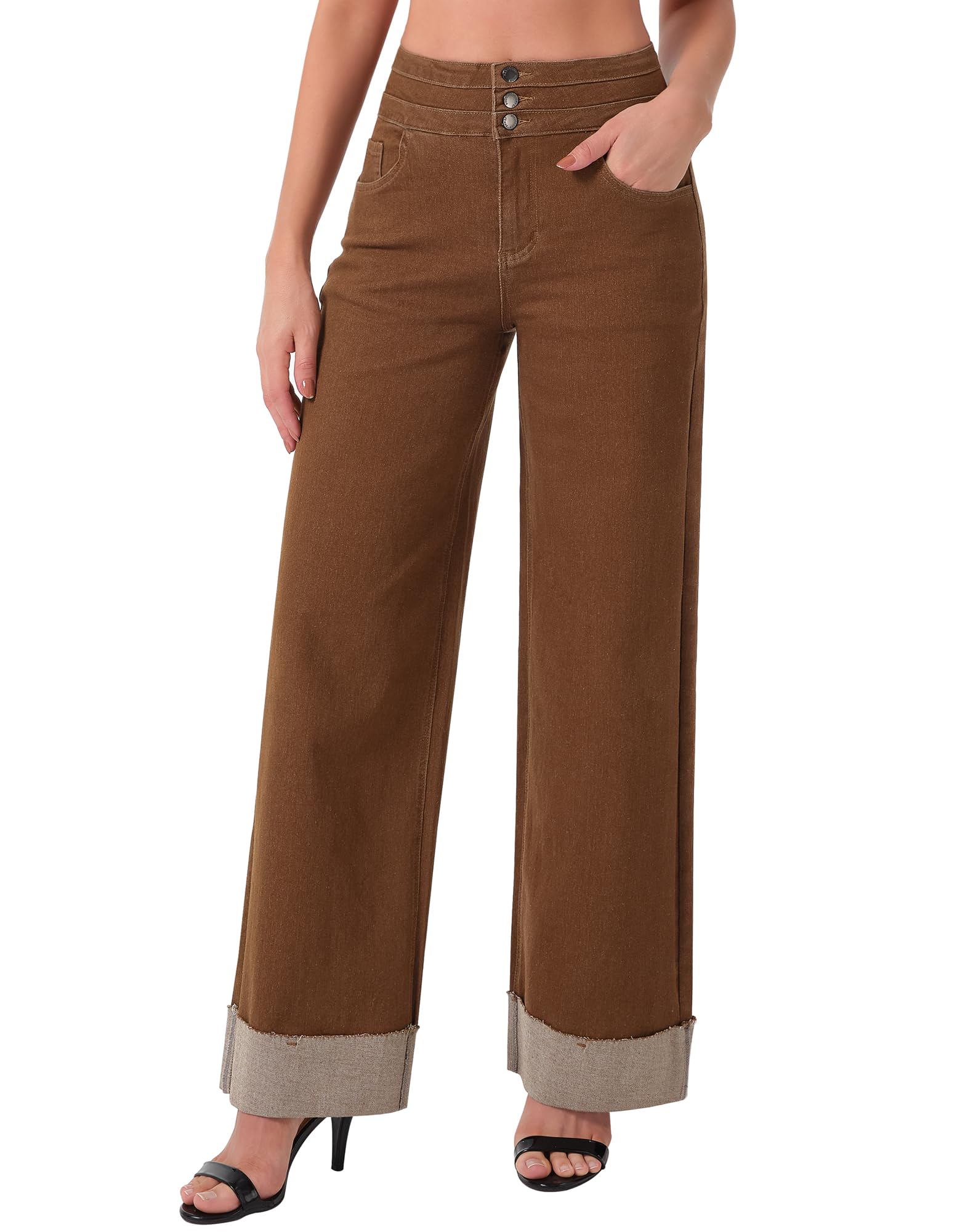 roswear Women's High Waisted Stretchy Wide Leg Jeans Cuffed Baggy Jeans