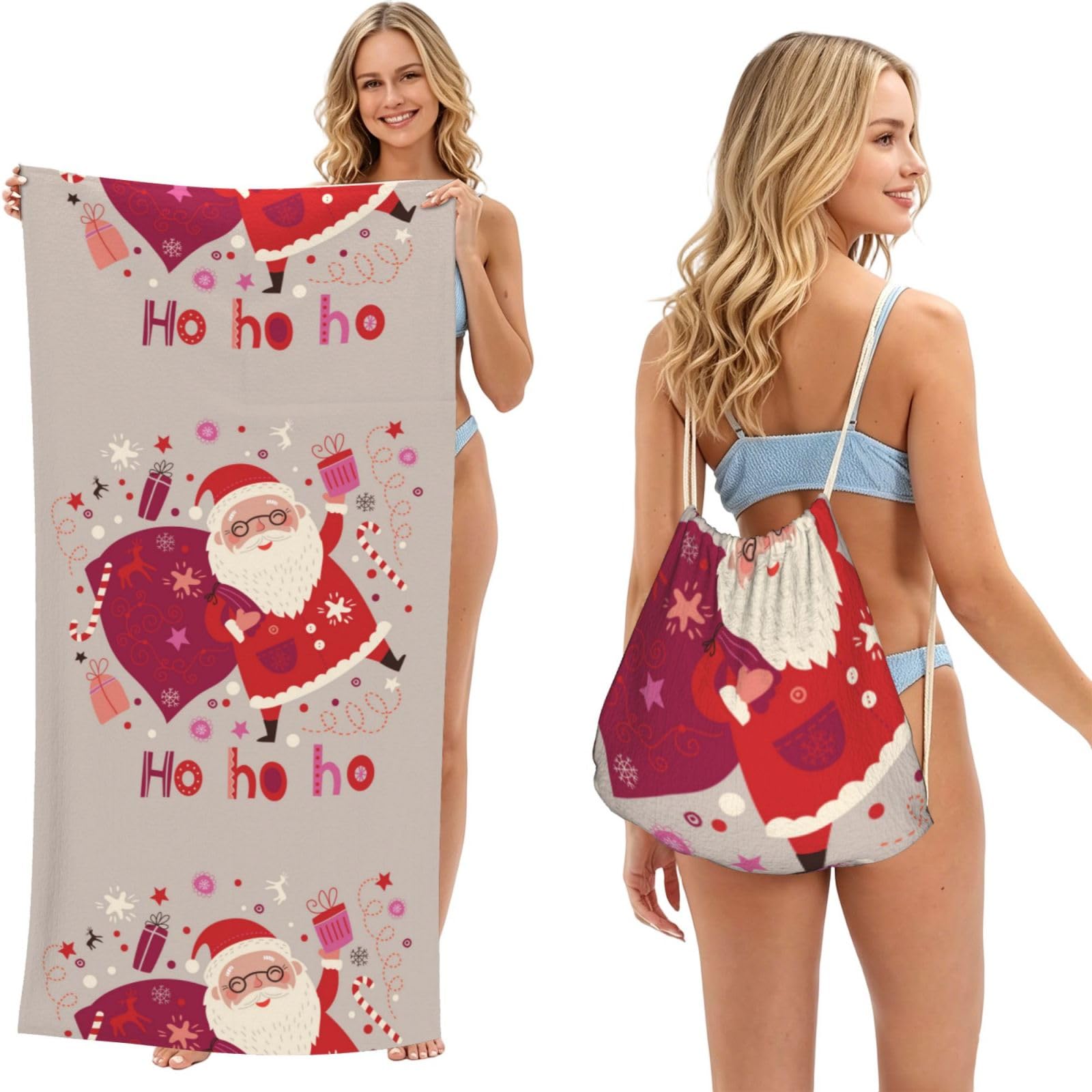 Poadnly As Picture Christmas Santa, 2 In 1 Packable Towel Bag, Beach Towels With Drawstring Backpack For Travel Holiday Camping