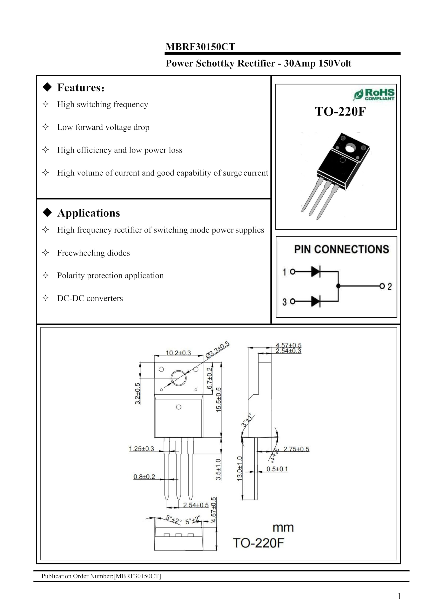 (Confezione da 10) MBRF30150CT (MBRF30150 MBR30150) 30A 150V TO220F Raddrizzatore Schottky di potenza con incapsulamento in plastica