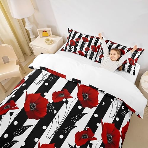 Miniatura 3 de Manfei Juego de funda de edredón de flores rojas, tamaño matrimonial, juego de ropa de cama floral de amapola de 3 piezas para niños, niñas,