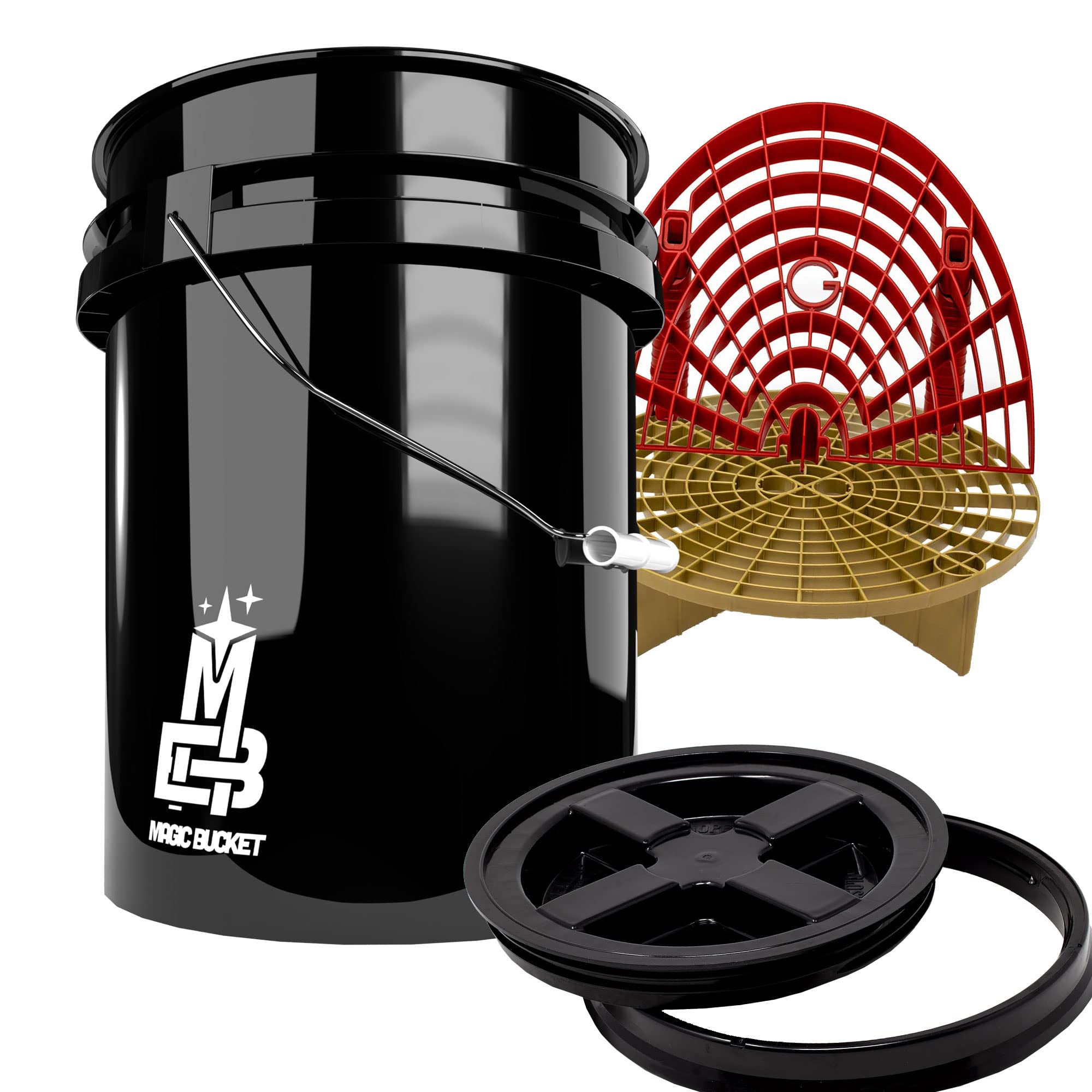 Detailmate professionelles Wasch Eimer Set: Magic Bucket Wascheimer 5 GAL (ca. 20 Liter), Gamma Seal Eimerdeckel schwarz, GritGuard Schmutz Einsatz Gold, GritGuard Washboard rot