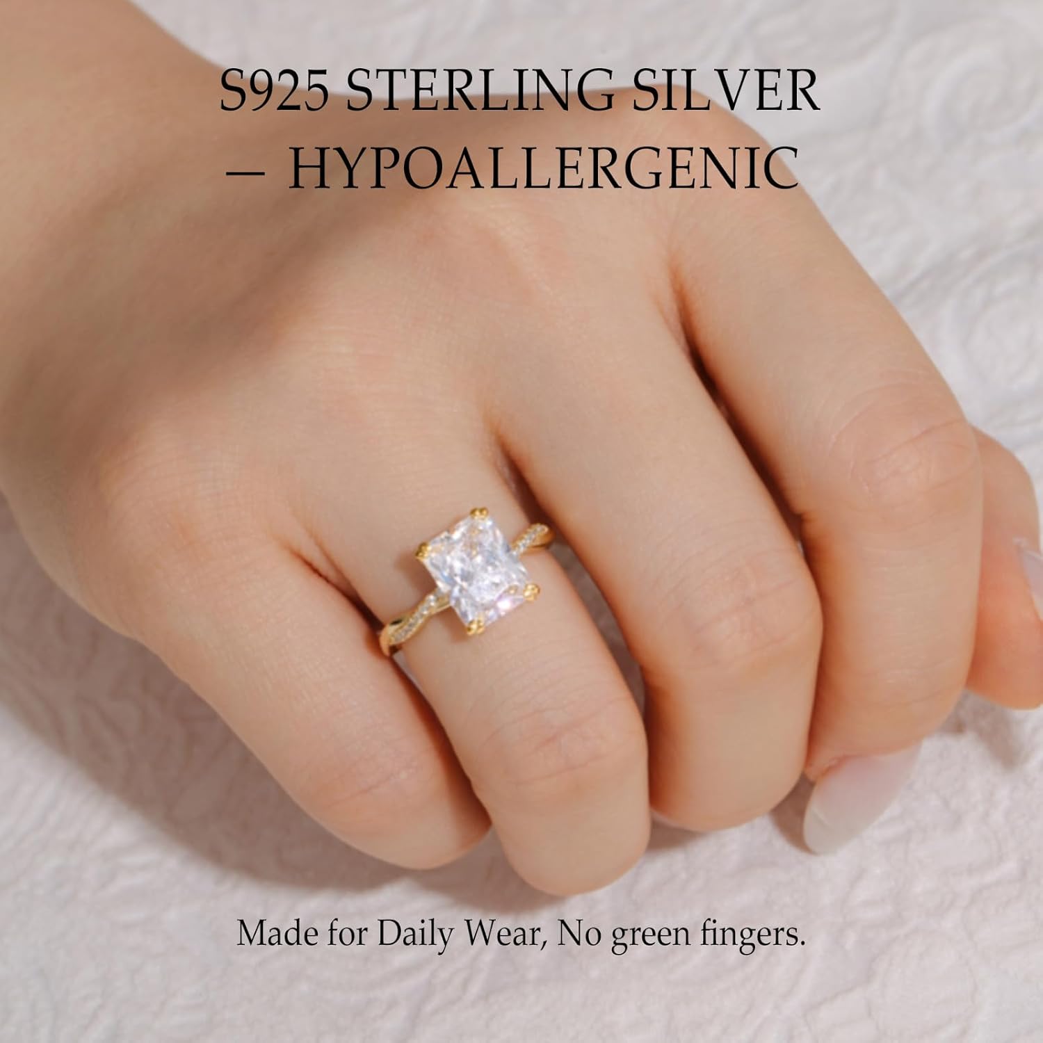 4CT Travel Engagement Ring, Radiant Cut 5A Cubic Zirconia Solitaire in Sterling Silver White Gold/14K Gold Plated Hypoallergenic Durable Comfort Fit, Perfect for Work Daily Wear Honeymoon - Image 5