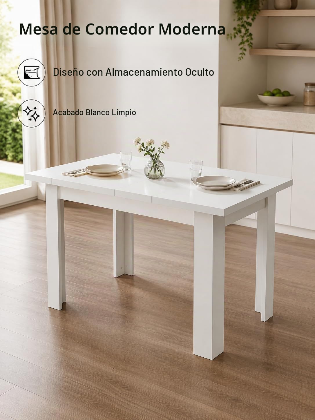 Mesa Comedor Blanca Rectangular Mesa Cocina Salón 120×70×75cm | Dos tapas laterales elevables ocultan compartimentos para vajilla y utensilios, mientras el panel central queda disponible