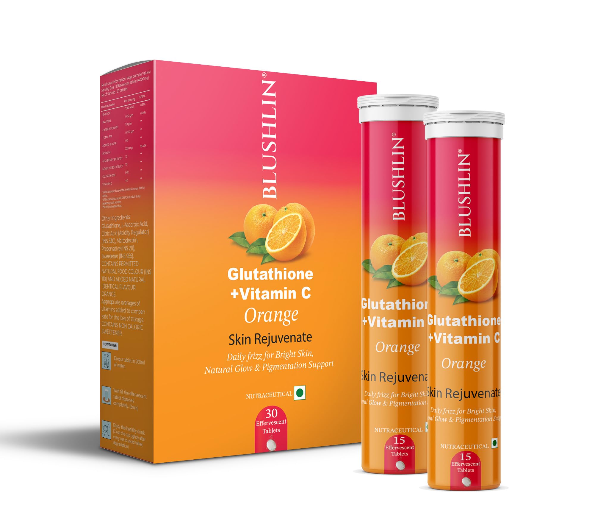 BLUSHLIN Glutathione Tablets for Skin Whitening 500mg with Vitamin C | 30 Effervescent Tablets | Antioxidants for a Clear & Glowing Complexion for Women, Men | Sugar-Free, Gluta Glow (30 Count (Pack of 2), Orange)