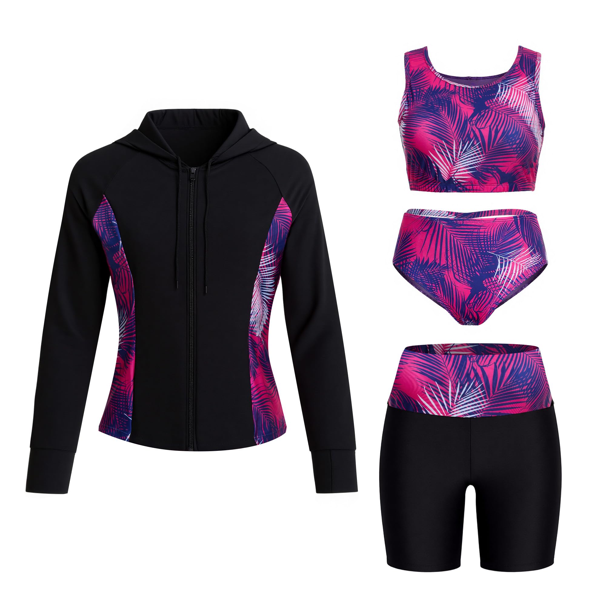 Owntop Maillot de bain à manches longues pour femme - Protection UV avec soutien-gorge intégré - Ensemble de 4 pièces pour la natation, le surf et les vacances à la plage