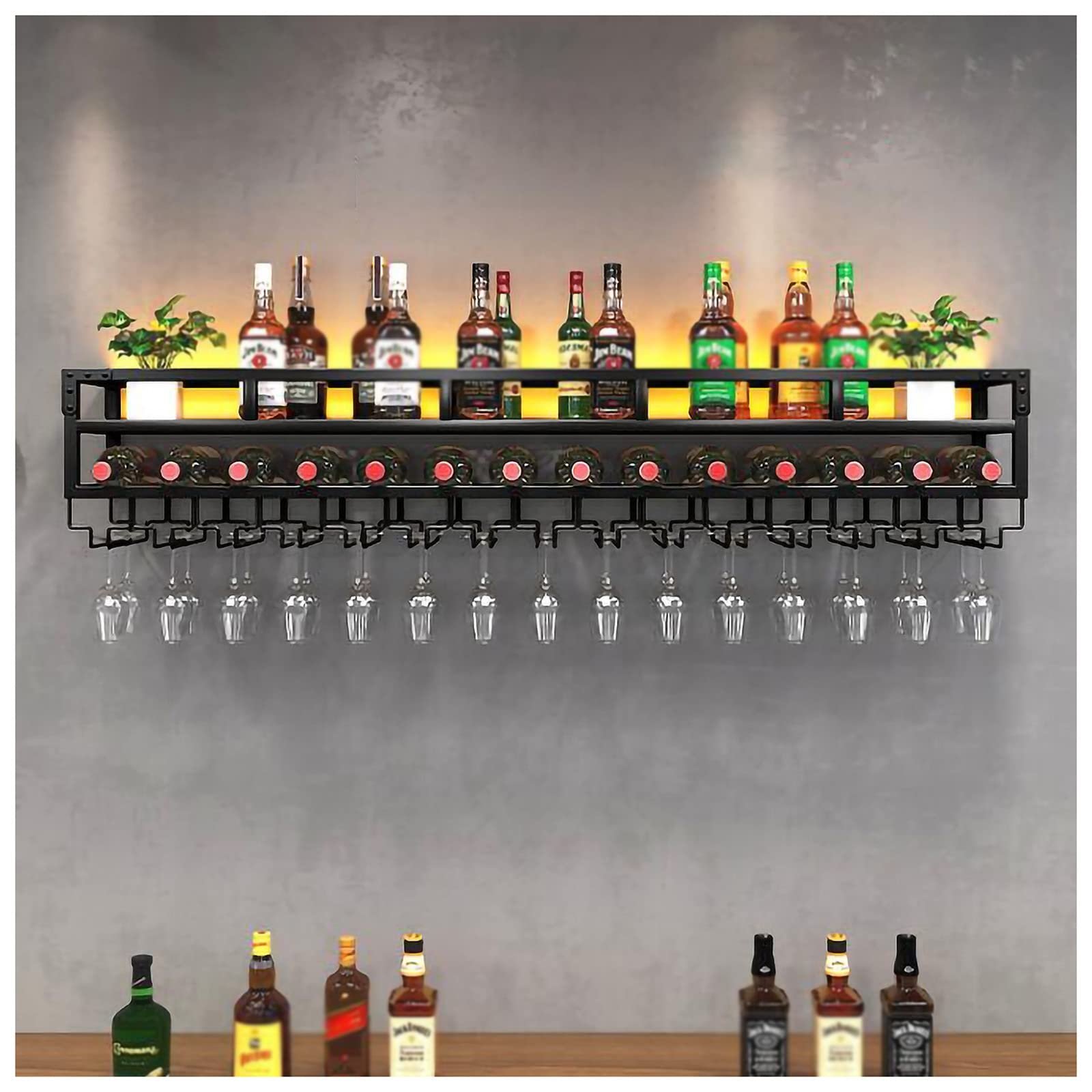 Étagère à bouteilles de vin à 2 niveaux industrielle avec porte-verres à pied