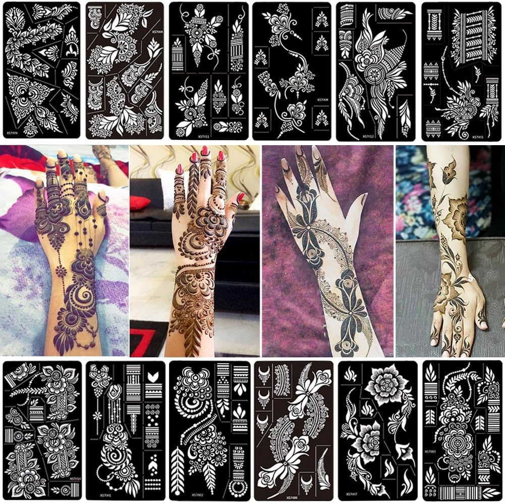 XMASIR 12P Temporary Tattoo Stencils, Hand Tattoo Temples Set, Reusable Indian Arabian Tattoos Stickers Art for Women Girls (12P)