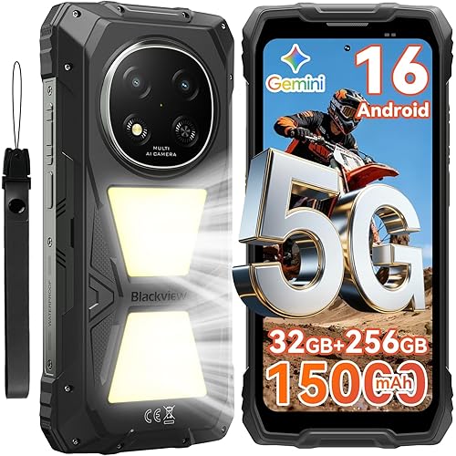 Blackview Rock 2 Pro 5G Rugged Phone Android 16, 15000mAh/33W Dual 400LM Camping Light, 32GB+256GB/2TB Rugged Smartphone Unlocked Gemini AI, 16MP+13MP 6.78" 2.4K 120Hz Glove Mode/NFC | Camping Light
