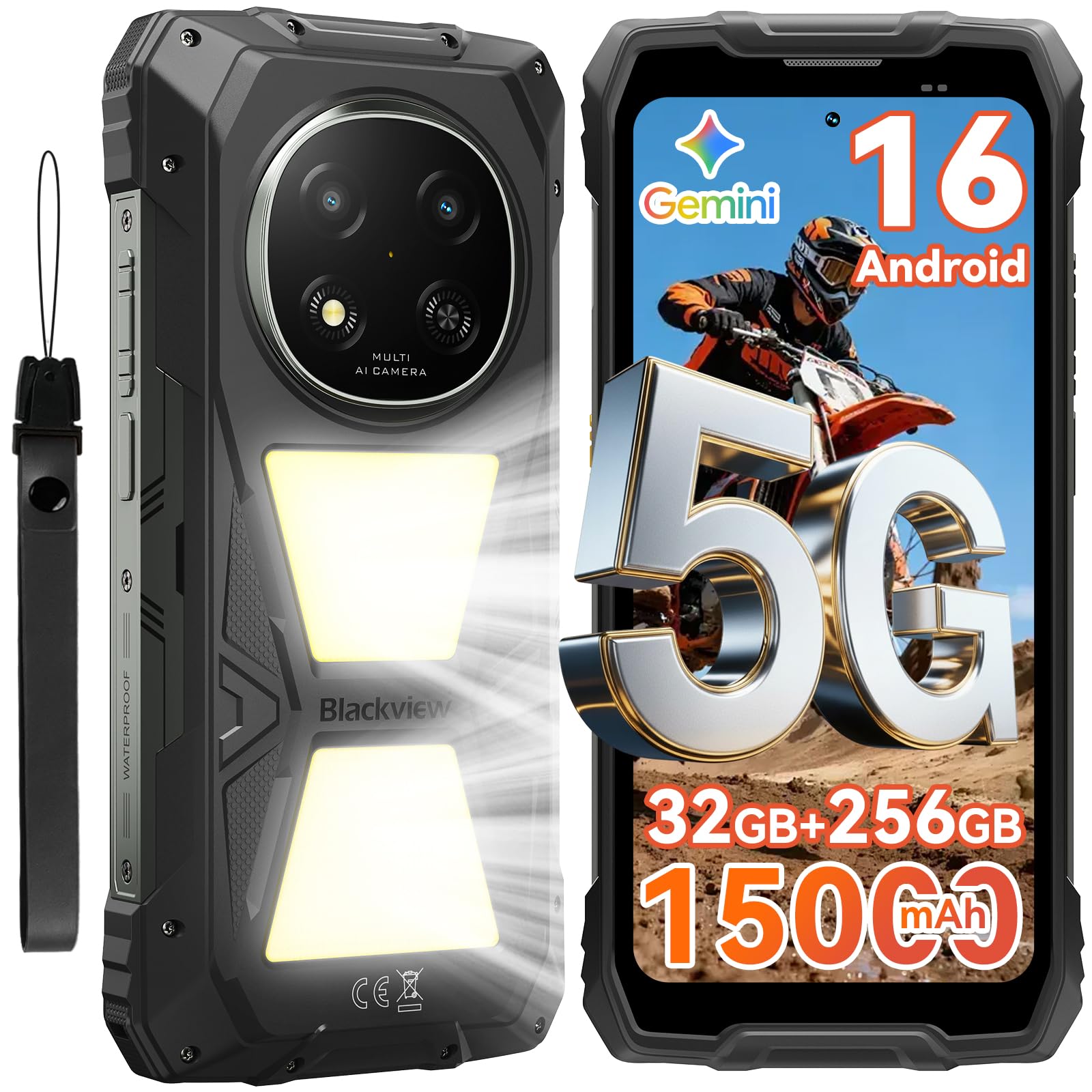 Blackview ROCK 2 Pro Rugged Smartphone, Android 16 Smartphone Rugged 5G 32GB+256GB, 6.67" HD+ Display 120Hz 15000mAh IP69K Telefono Rugged, 16MP AI Kamera, NFC/OTG/GPS/Gemini AI/Glove Mode 2.0