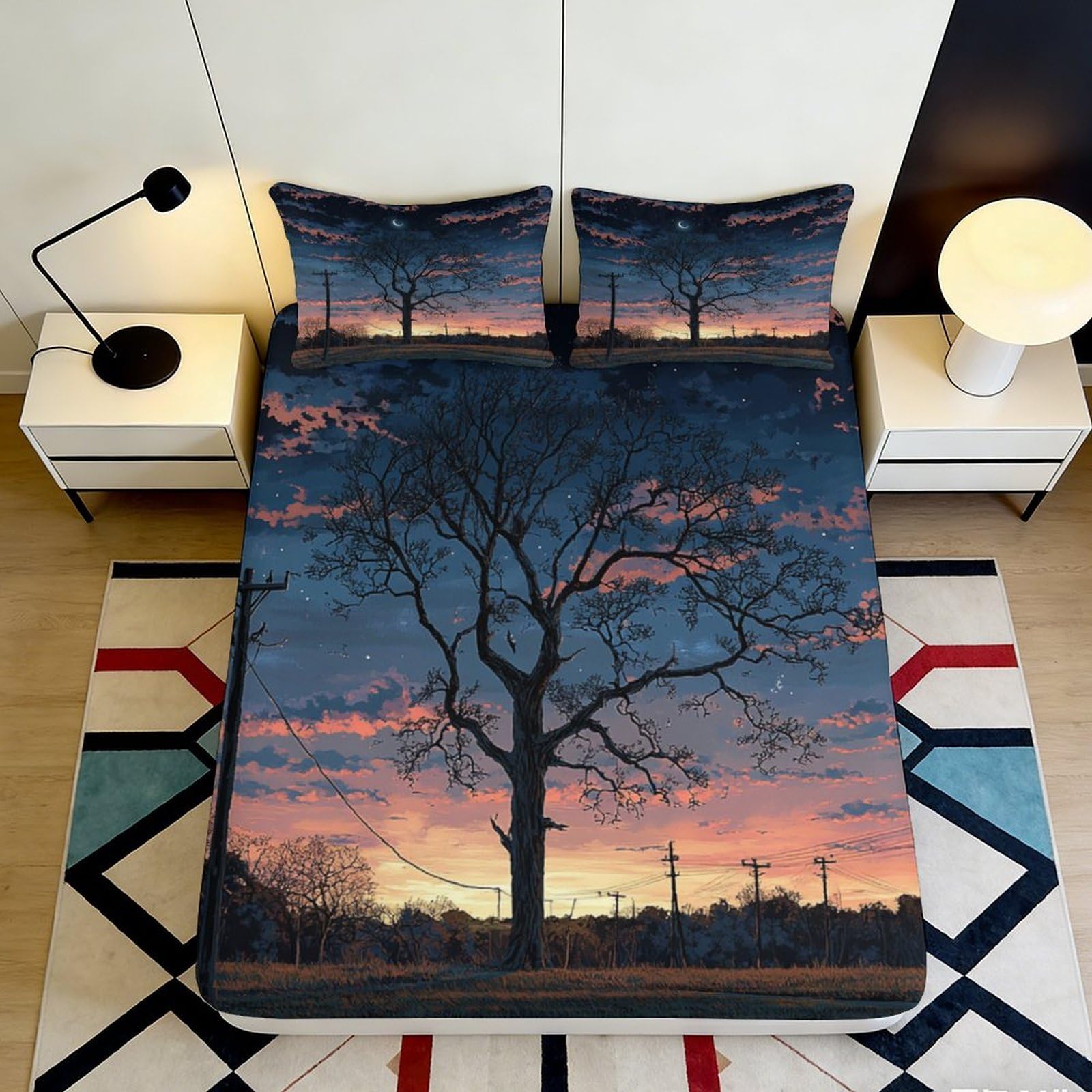 Kzqnxhjprl Style-8 3D Printed Sunset Tree Fitted Sheet Microfiber Soft Bed Cover For Bedroom Dorm Aesthetic Decor Mattress Protector 90X200x25cm
