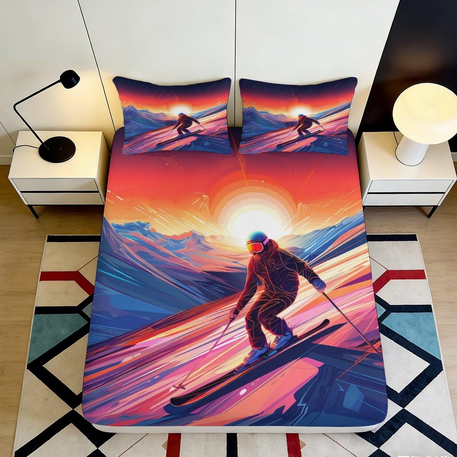 3D Printed Ski Sunset Fitted Sheet Microfiber Vibrant Mountain Bed Cover for Bedroom Guest Room Easy Care 90x200x25cm