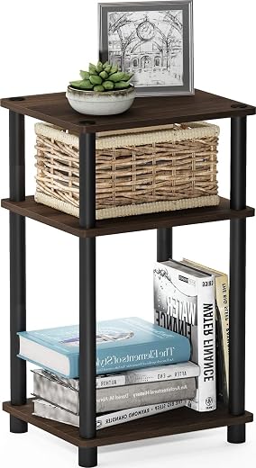 Furinno Just 3-Tier Turn-N-Tube End Table / Side Table / Night Stand / Bedside Table with Plastic Poles, 1-Pack, Columbia Walnut/Black