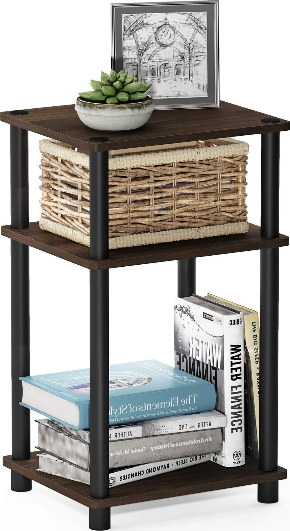Furinno JUST Side Table, 3-Tier End Open 1-Pack, Columbia Walnut/Black