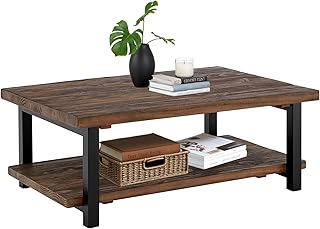 Pomona Rustic Industrial 2-Tier Rectangular Coffee Table – 48” Solid Woo...