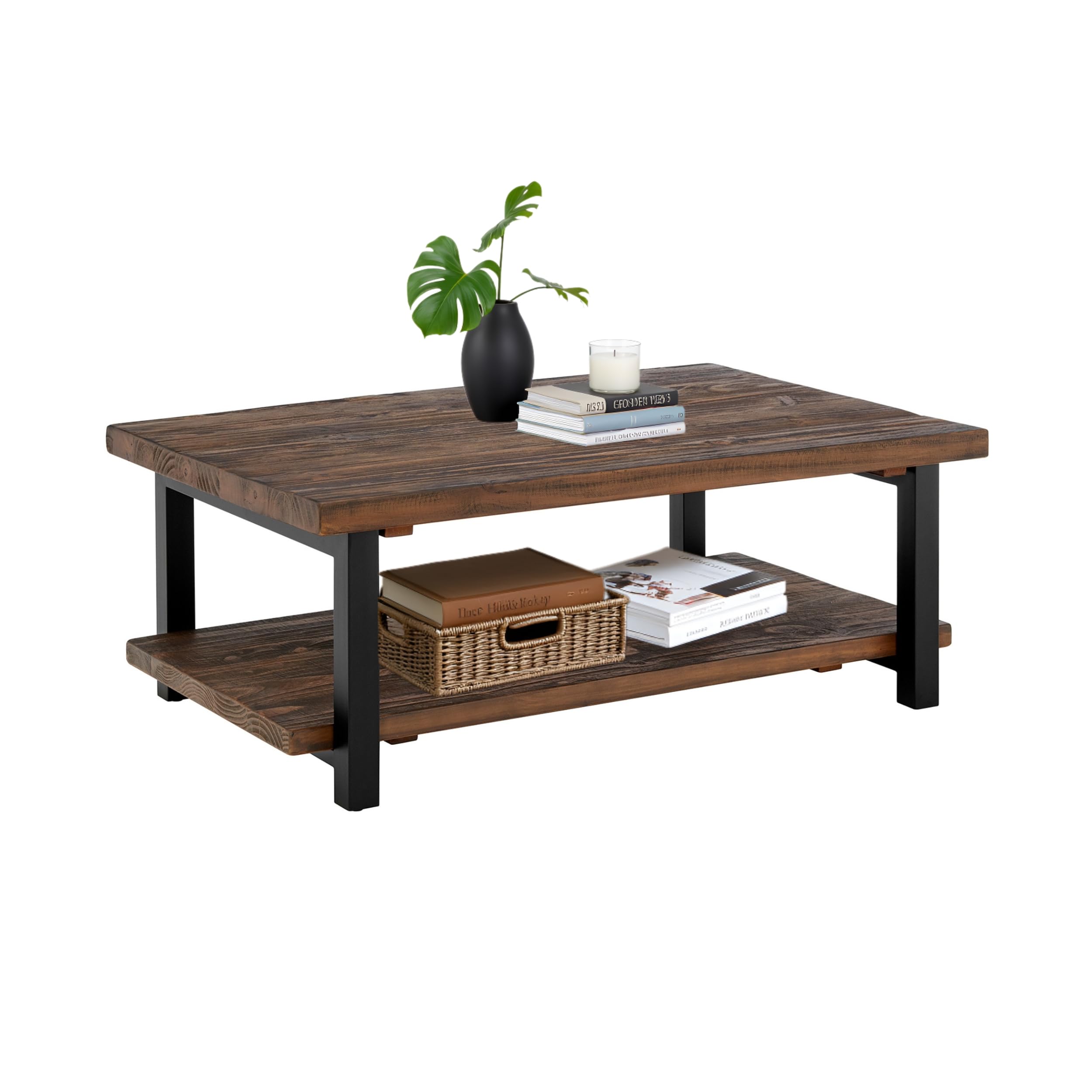 Pomona Rustic Industrial 2-Tier Rectangular Coffee Table – 48” Solid Wood Top with Shelf, Metal Legs, and Reclaimed Finish – Farmhouse Style Living Room Furniture