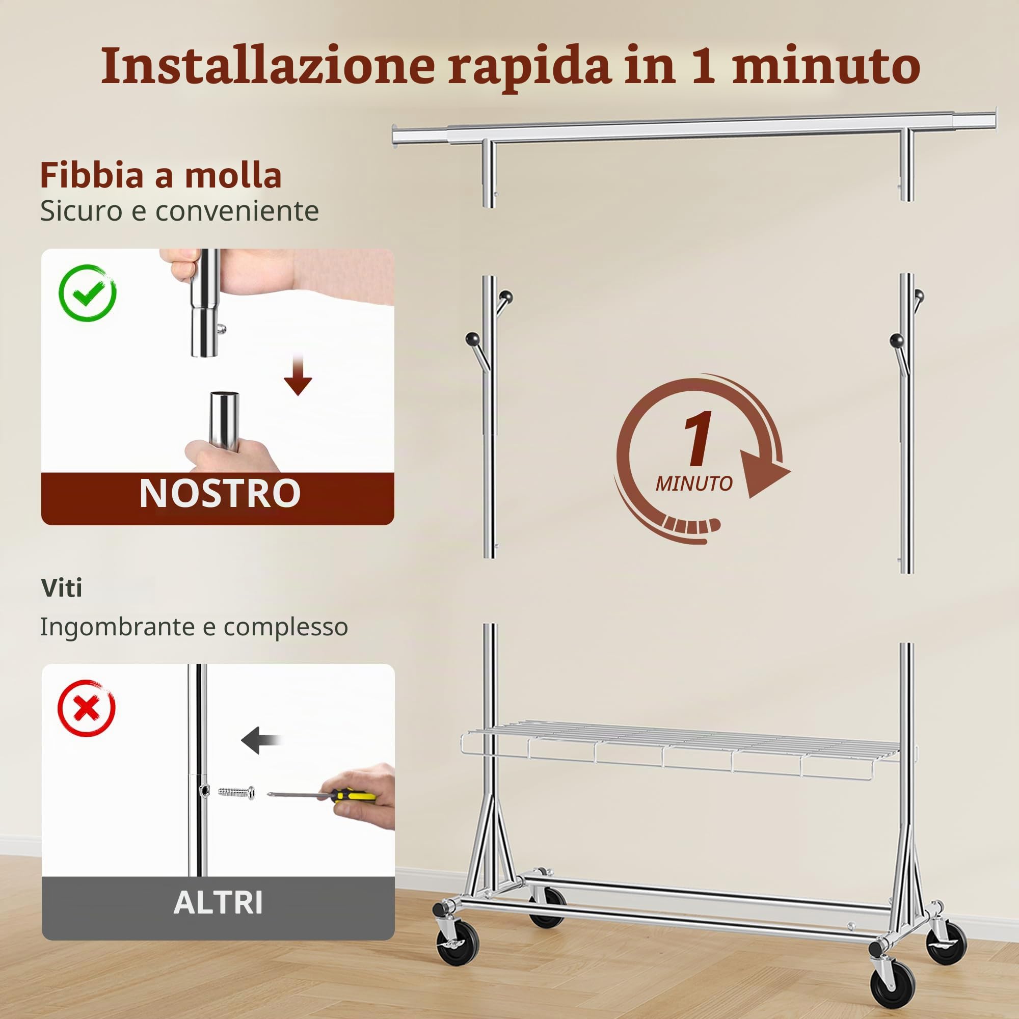 FAVOOSTY Stand Appendiabiti con Ruote, Attaccapanni Estensibile per Carichi Pesanti, Portata Totale 200 kg - 50 x (106-176) x 170 cm, installazione rapida 1 minuto,Argento