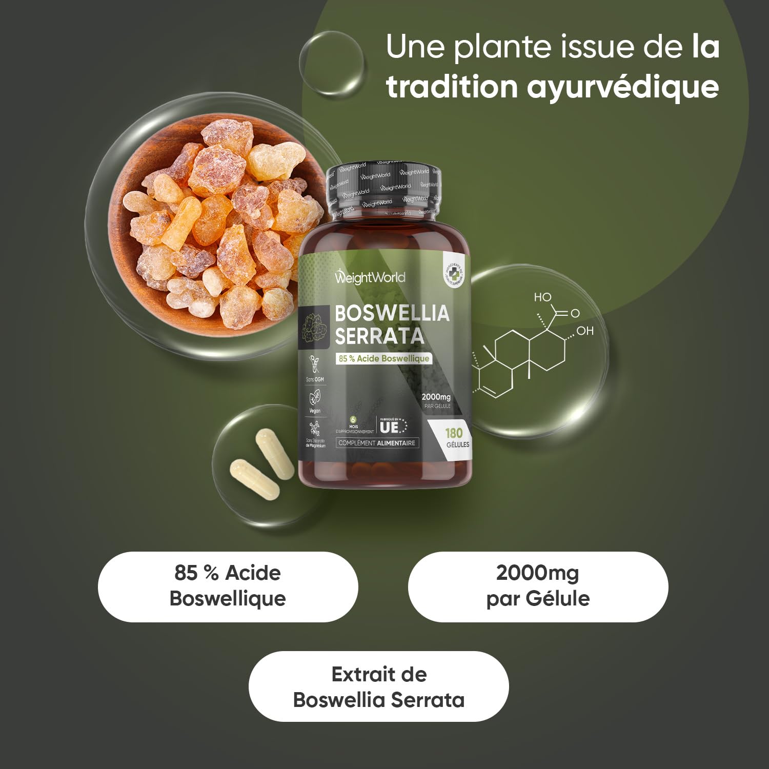 Boswellia Serrata Gélules 2000mg 180 Gélules Vegan avec 85% d’Acide Boswellique - Extrait de Poudre de Boswellia (5:1) Équivalent à 400mg - sans OGM ni Gluten, sans Lactose ni Additifs - pour 6 Mois