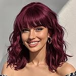 Nnzes Bob Curly Wig Synthetic Short Wine Red Wig with Bangs Natural Looking Heat Resistant Fiber Hair for Women