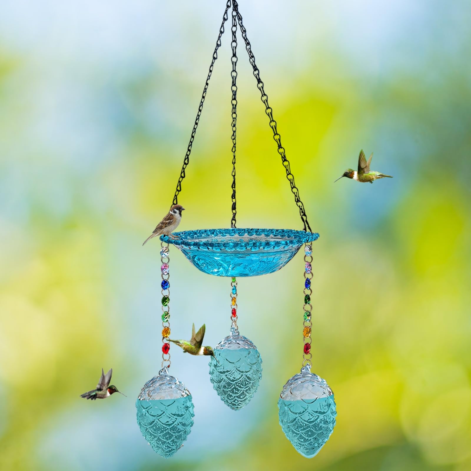 2-in-1 Hänge-Kolibri-Futterstation & Vogeltränke aus Glas, kompaktes blau-grünes Design, leicht zu reinigen
