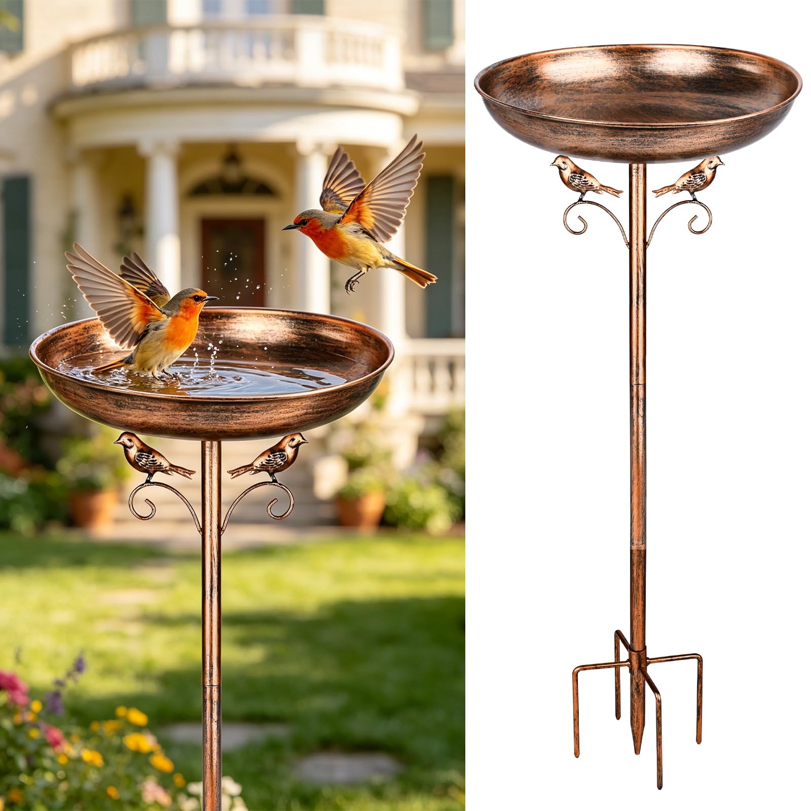 Vogeltränke Stehend,Vogelbad für Draußen Garten,Vogeltränke Metall Vintage mit Stabiler 5-Zinken-Basis,Vogeltränkes Winterfest Futter Wasserschale