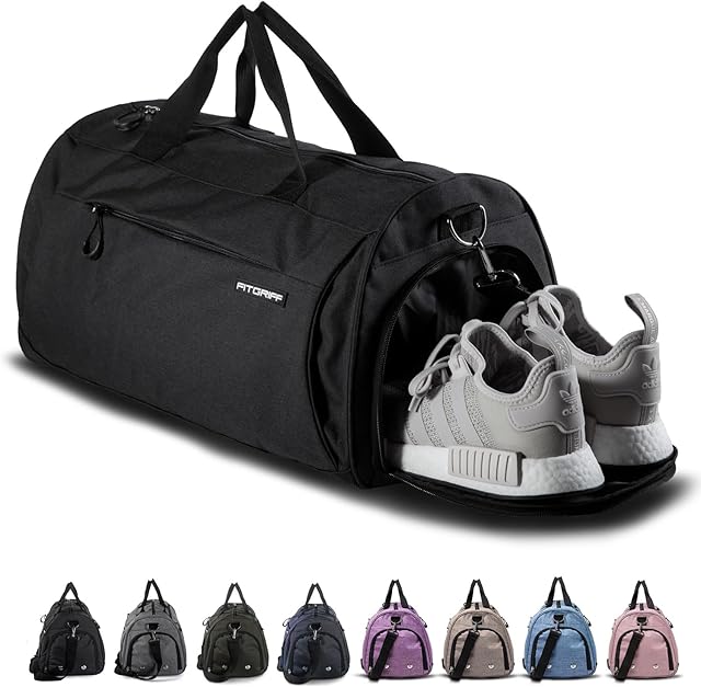 Fitgriff® Sportowa torba na siłownię dla mężczyzn i kobiet - z przegrodą na buty i kieszenią na mokre ubrania - torba fitness Pełna Czerń 48 x 26 x 25 cm (Small)