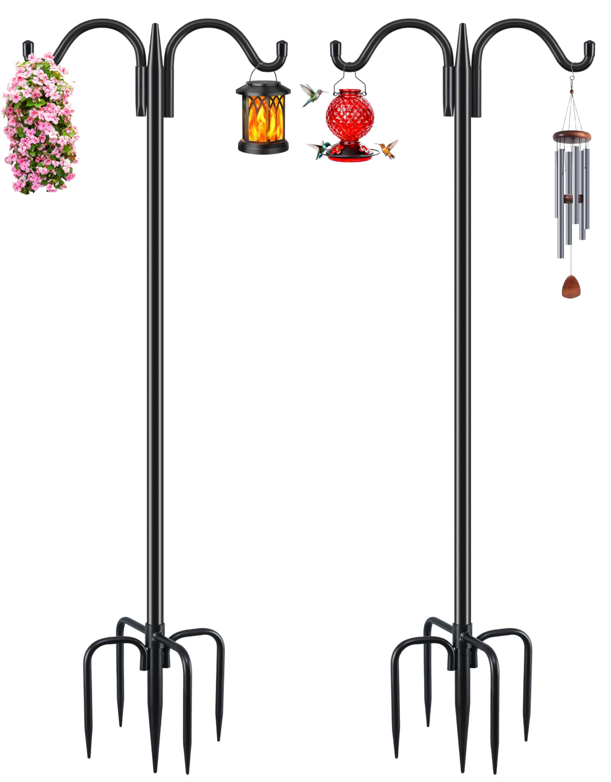Gtongoko Bird Feeder Pole for Outdoors Heavy Duty, 2 Pack 63 Inch Double Shepherds Hook with 5-Prong Stable Base, 5/8 Inch Thick Hummingbird Feeder Stand for Hanging Plants, Lanterns