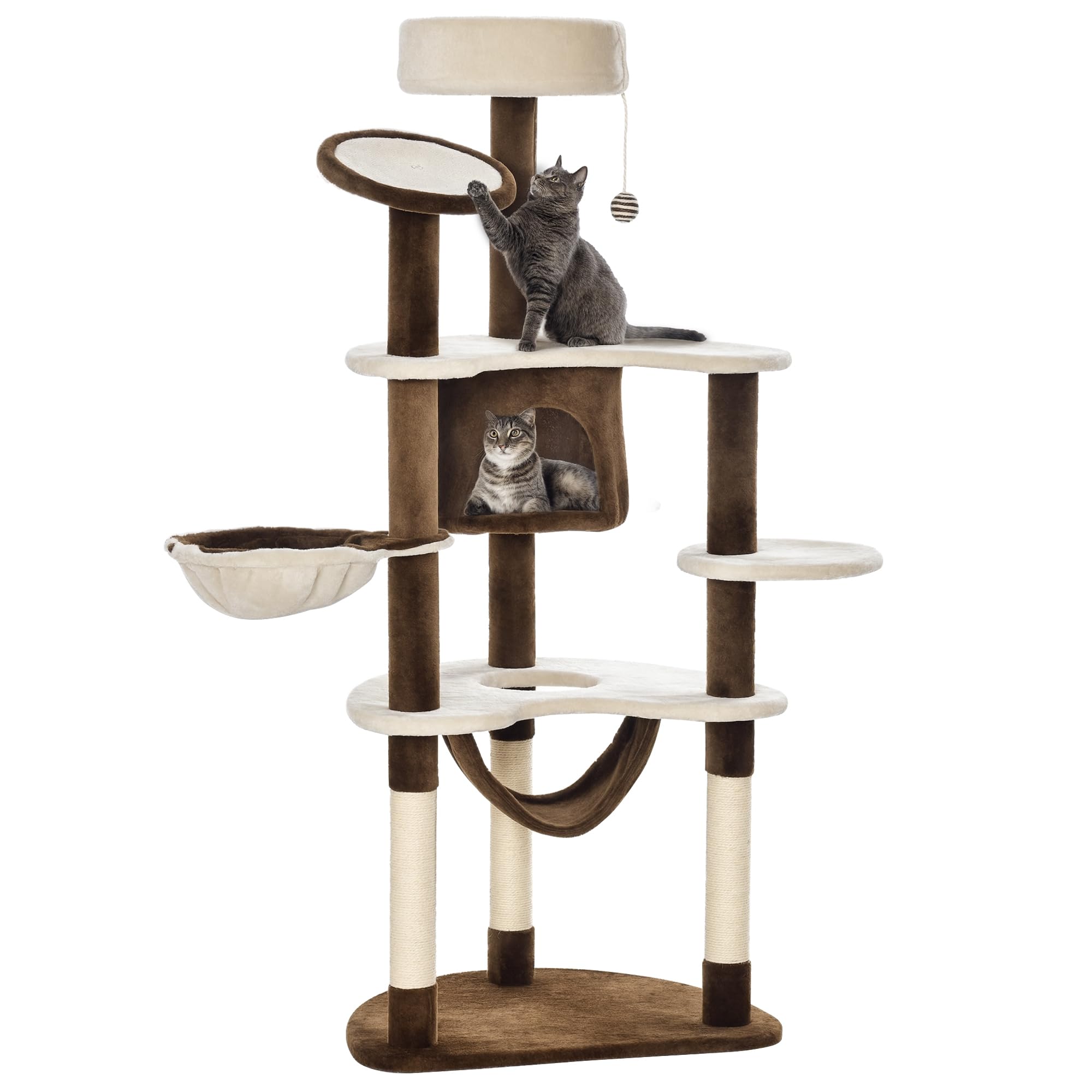 PawHut Árbol Rascador para Gatos Grande 65x50x153 cm Torre para Gatos Centro de Actividades con Múltiples Plataforma Poste Hamaca Bolas de Juguete y Cueva Marrón