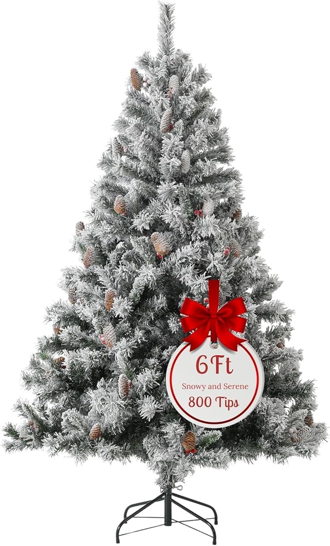 EVRE White Snow Flocked Artificial Christmas Tree Xmas Pine Red Berries Metal Stand Fir Spruce Green Hinged Branches Realistic Easy Assembly Indoor Holiday Decorations (6ft)