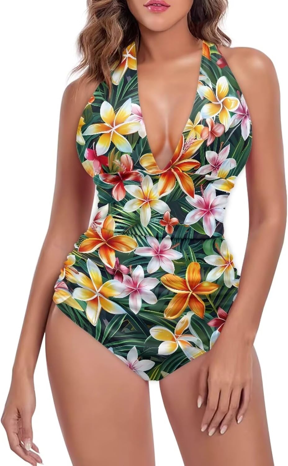 Peach Blossom Women's One Piece Swimsuits Hawaii Tribe Totem V-Neck Swimwear Paint Bold Splash Slimming Bathing Suit