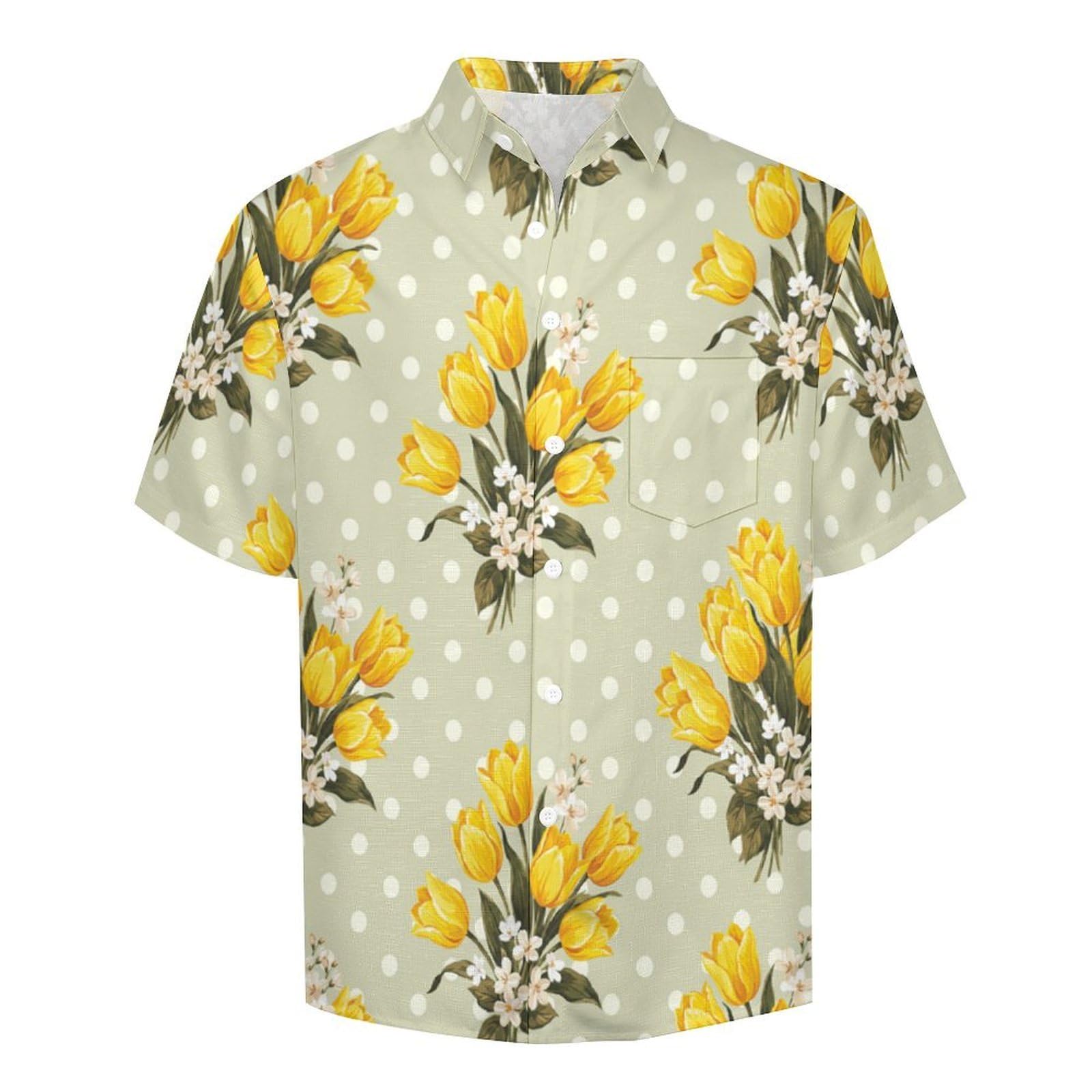 Camicie a Maniche Corte da Uomo - Camicie da Spiaggia con Stampa Tulipani Fiori A Pois, Funky Estiva Cool Camicia Hawaiana Monopetto Camicia S-7XL